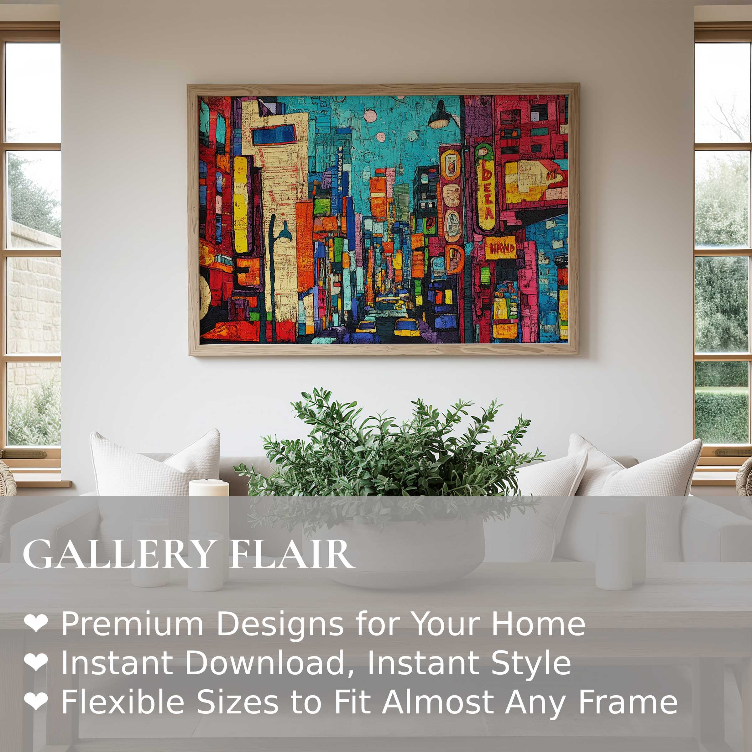 Vibrant pop art wall art print with bold cityscape colors energizes this modern minimalist living room, adding dynamic urban charm