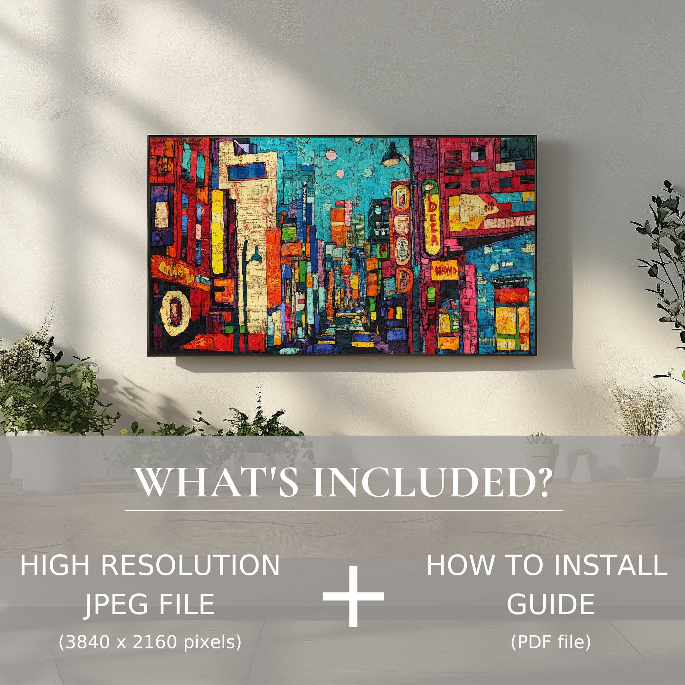 Elegant living room enhanced with pop art digital TV art download, easy to use and transform your space instantly