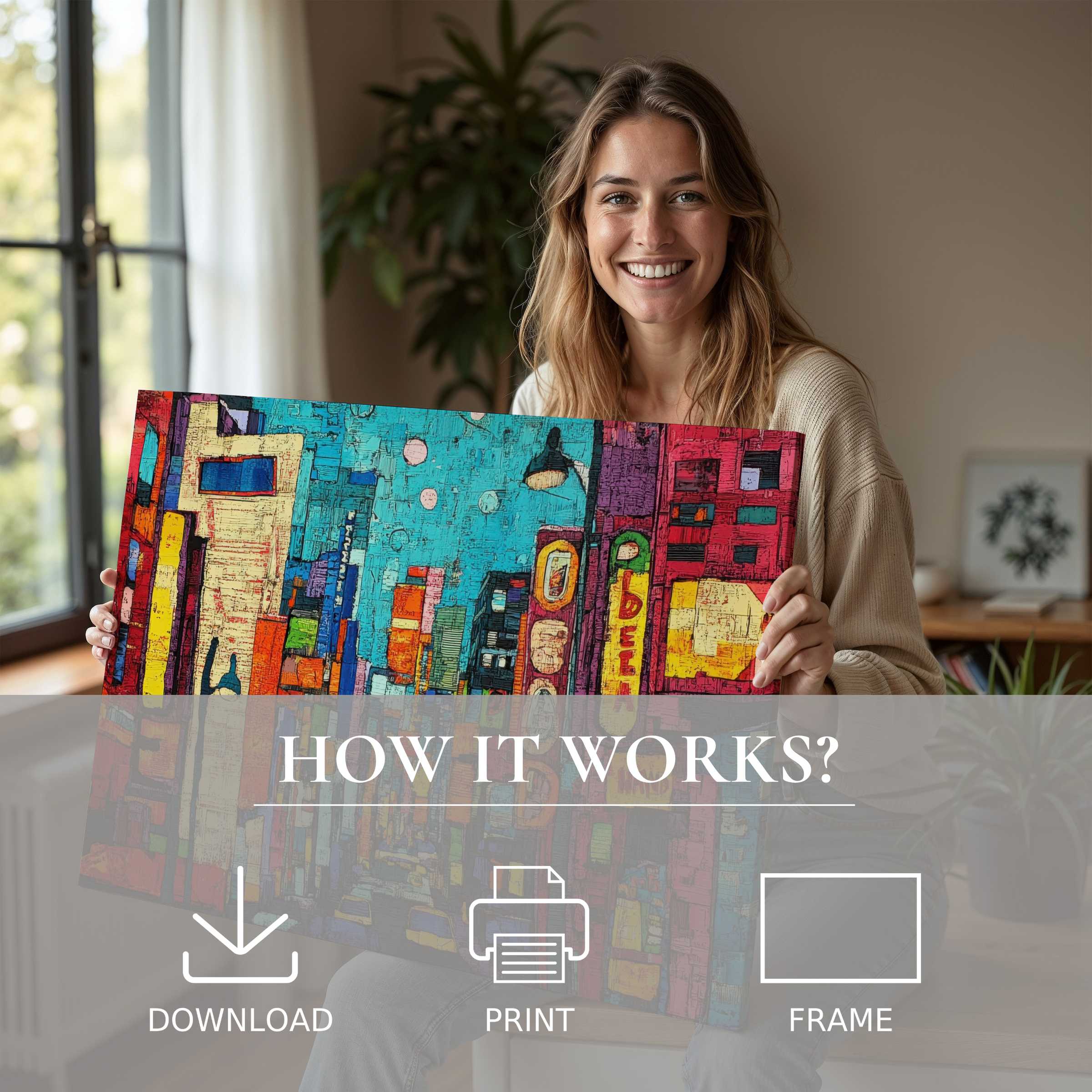 Bright pop art digital art print brings joyful connection and warmth to a stylish modern home setting
