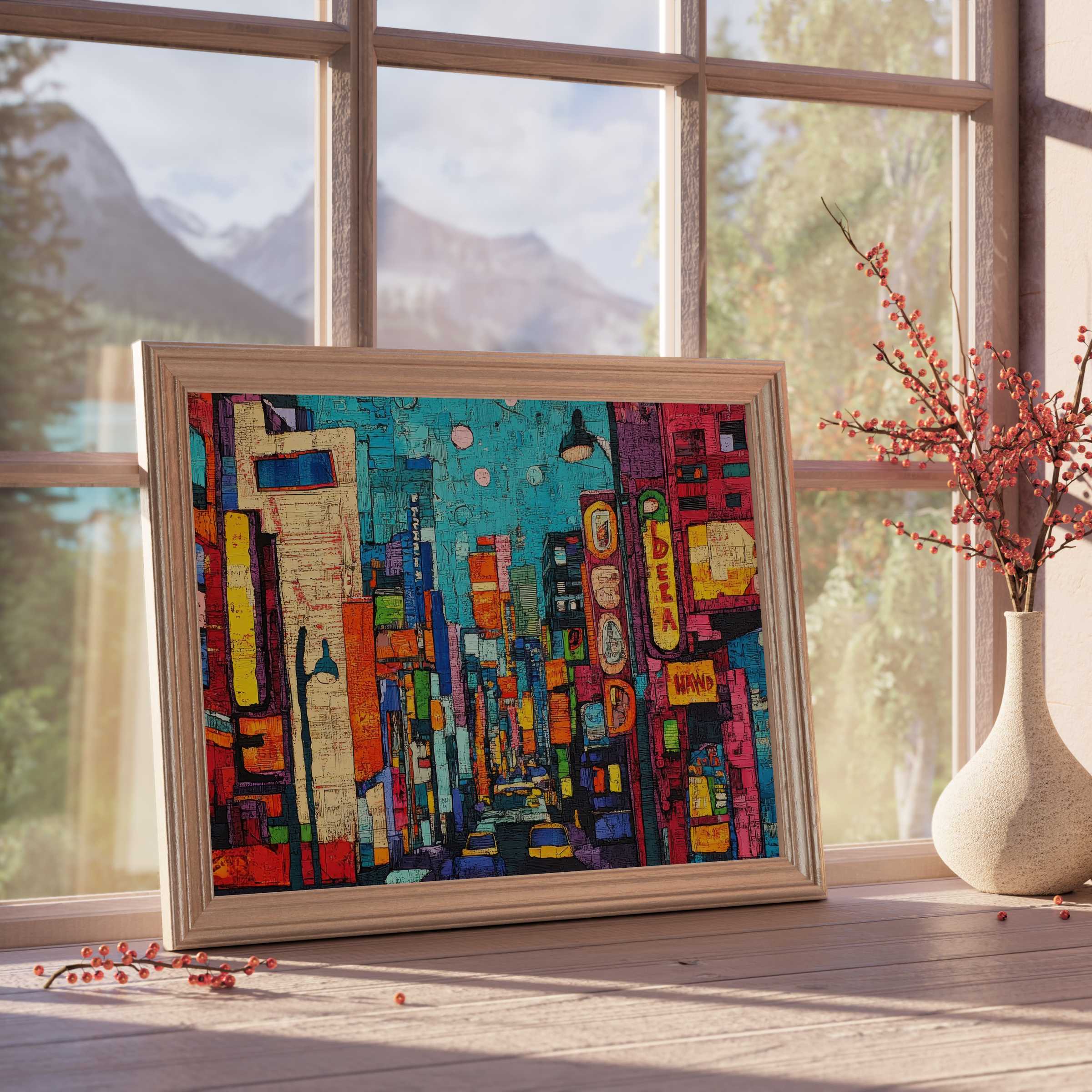 Vibrant pop art downloadable art capturing bustling city lights, infusing curated interiors with dynamic, design-forward energy