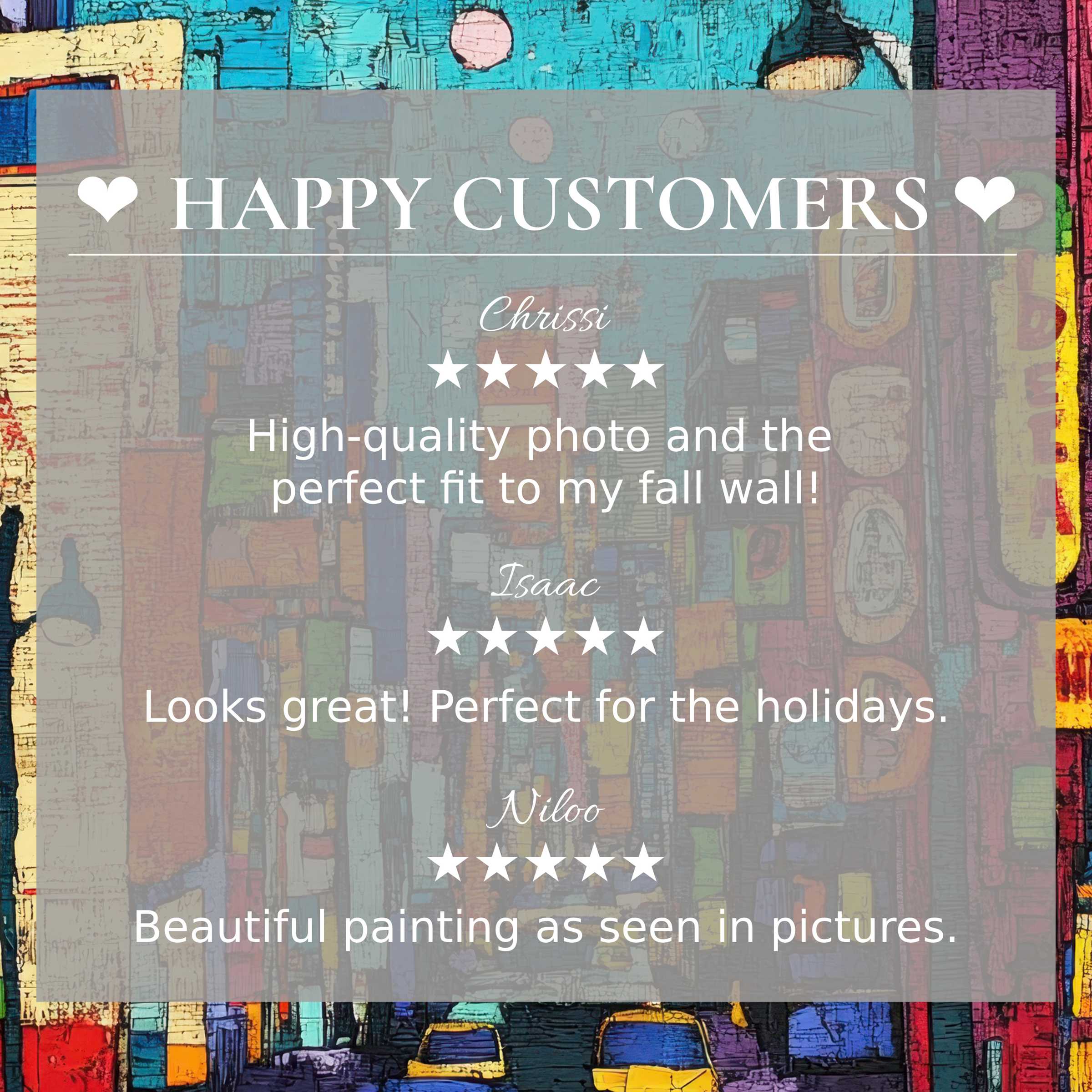 Pop art for Frame TV with abstract sunset colors, showcasing happy customer reviews and elegant, trustworthy design