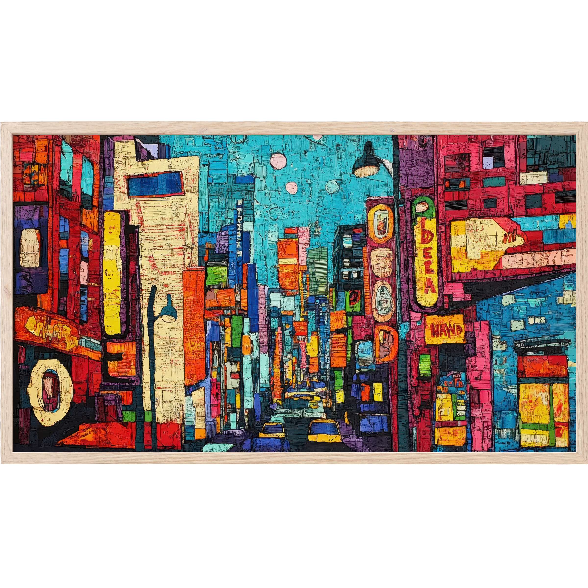 Vibrant cityscape in rich blues, reds, and oranges with bold lines and texture, a striking pop art Frame TV Art piece