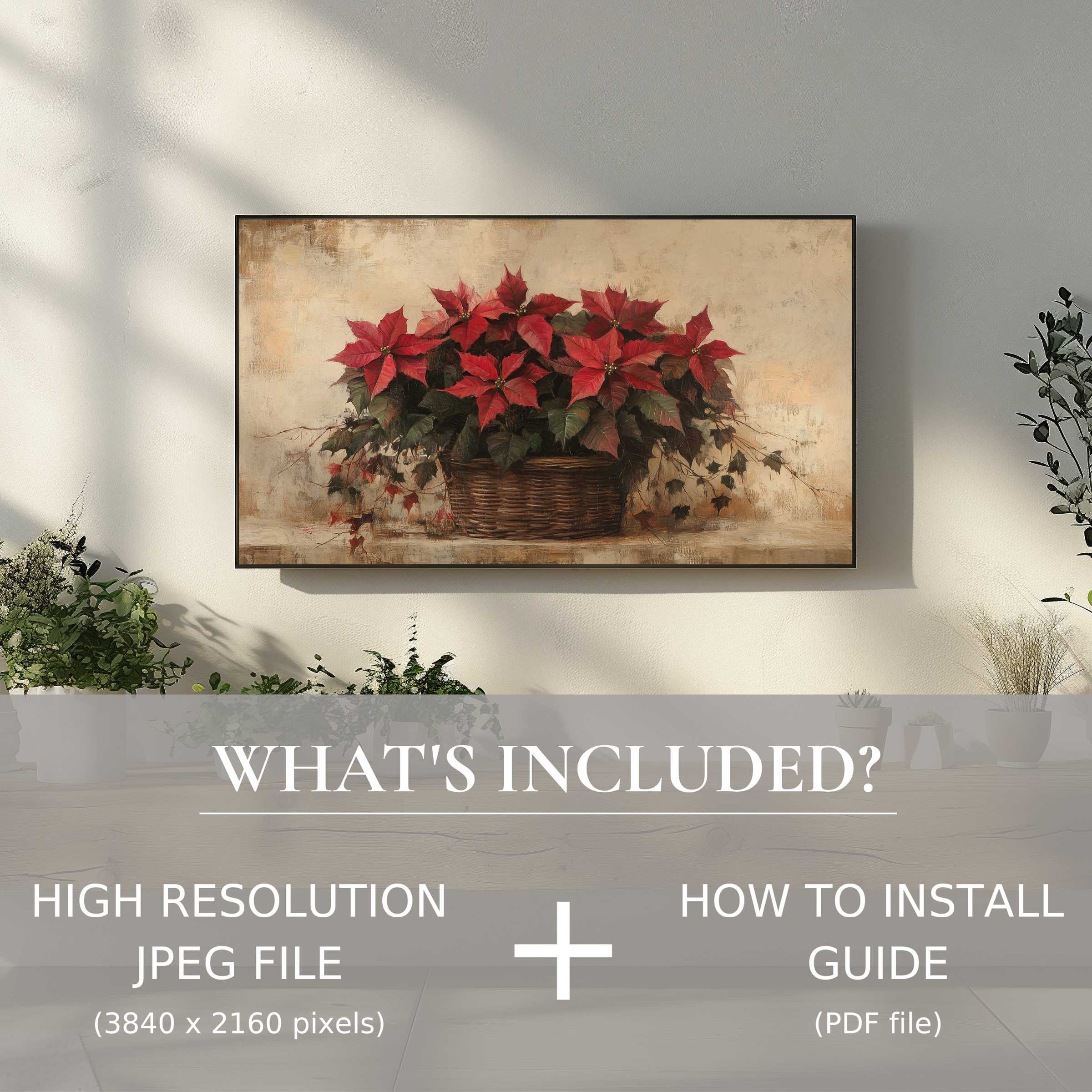 Elegant christmas digital TV art download featuring poinsettias, transforming your space with effortless digital charm