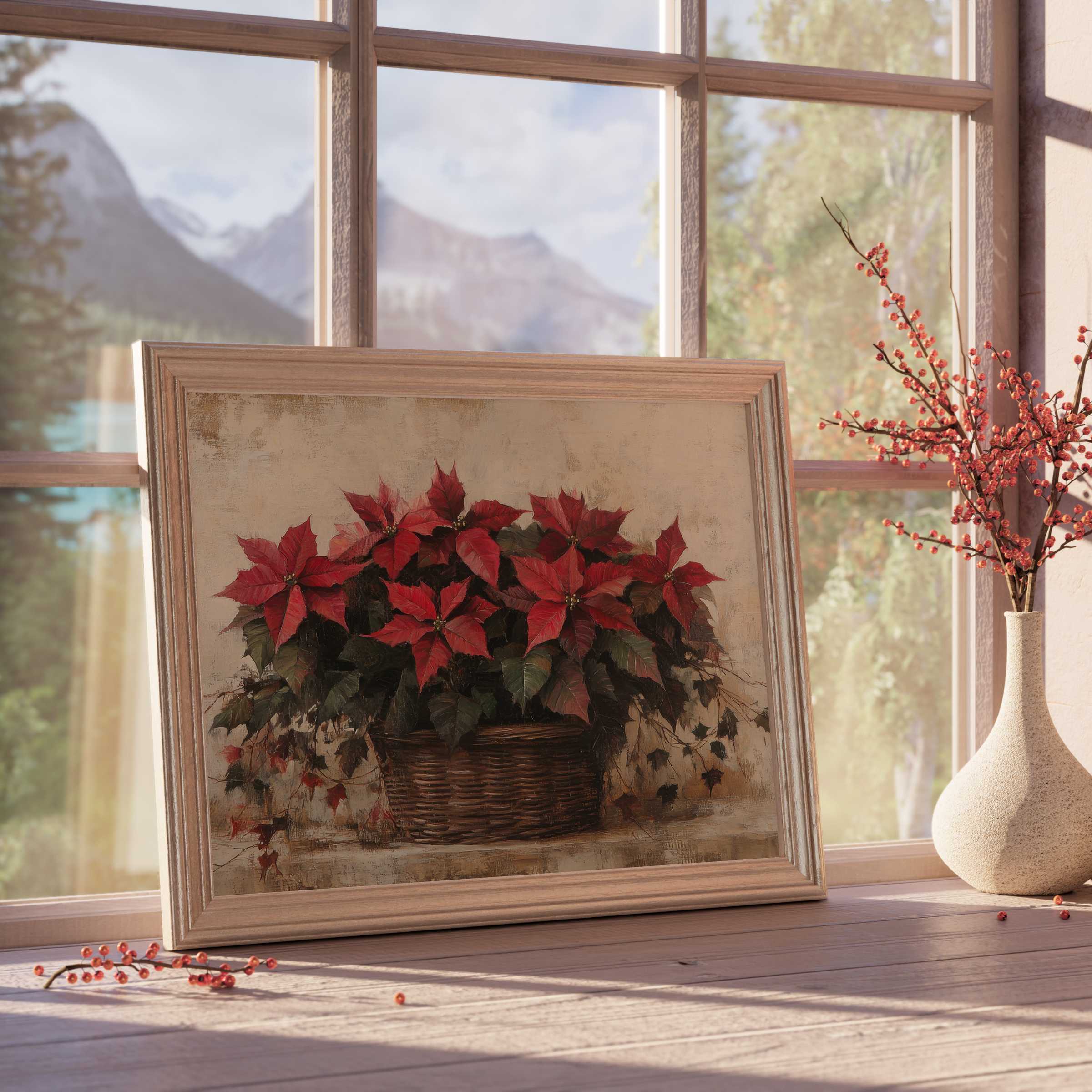 Christmas downloadable art featuring rich red poinsettias in a rustic basket, perfect for warm, curated holiday interiors