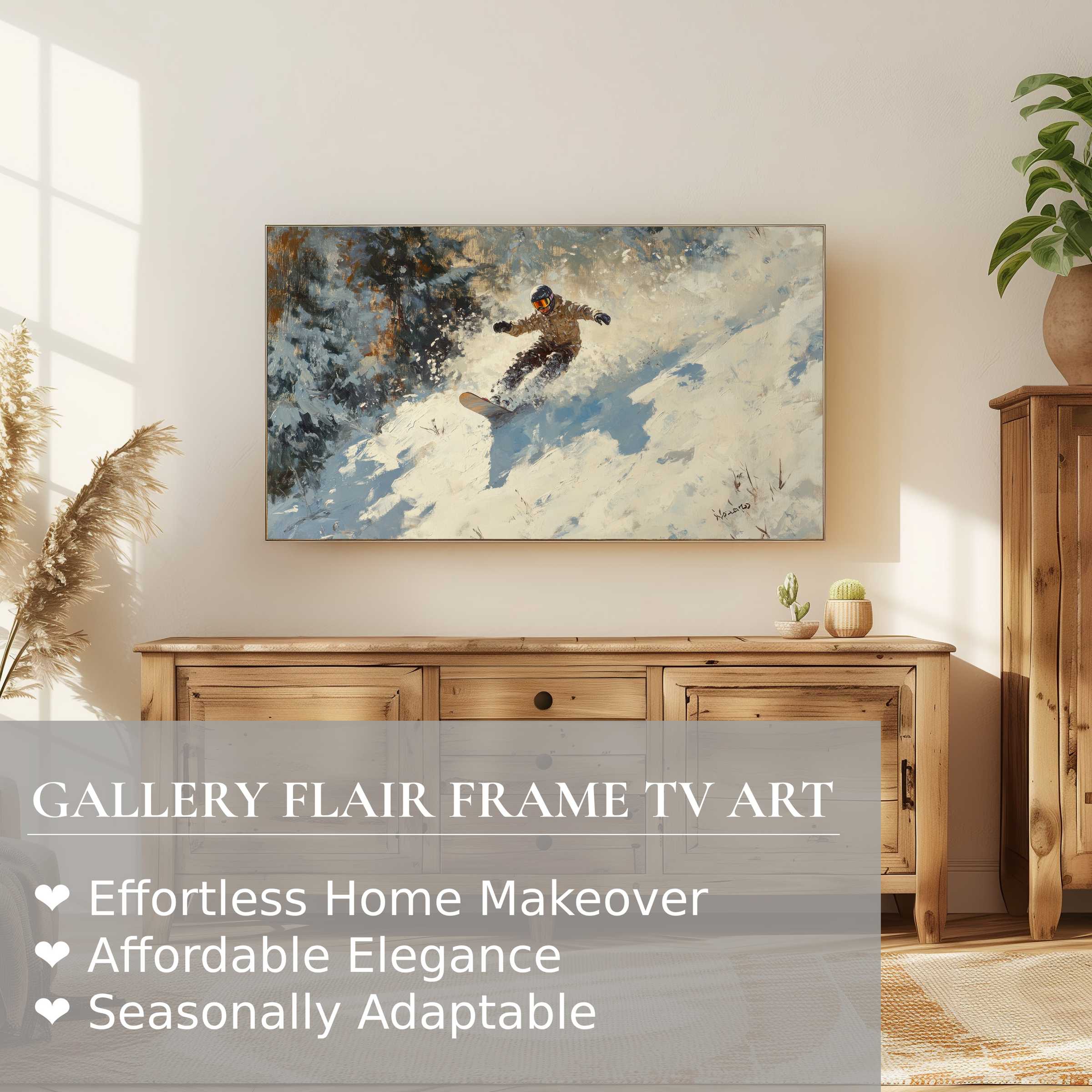 Samsung Frame TV displaying a dynamic winter digital artwork of snowboarding, framed in a modern, cozy setting