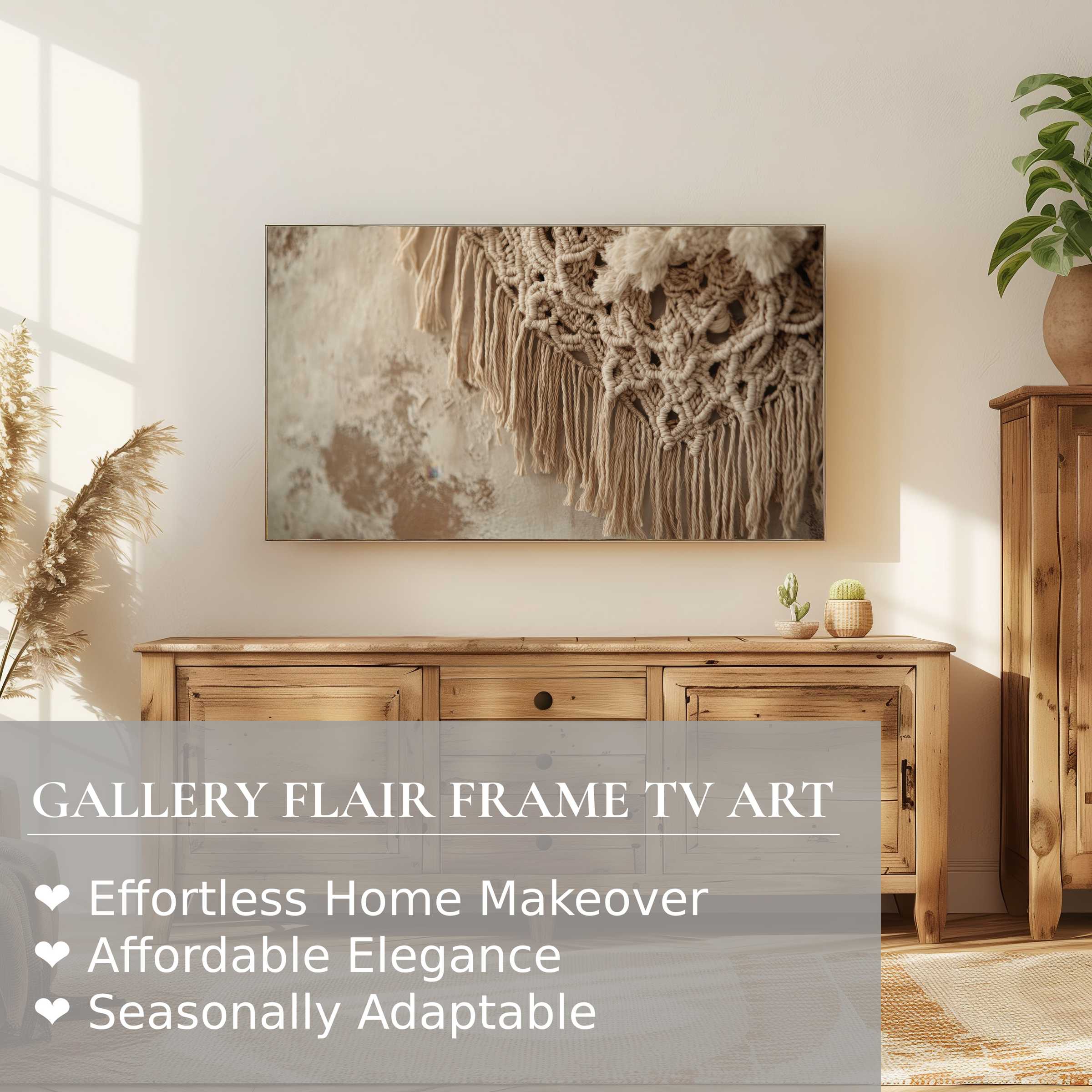Samsung Frame TV displays subtle boho digital artwork in a warm, sunlit room with refined, natural decor