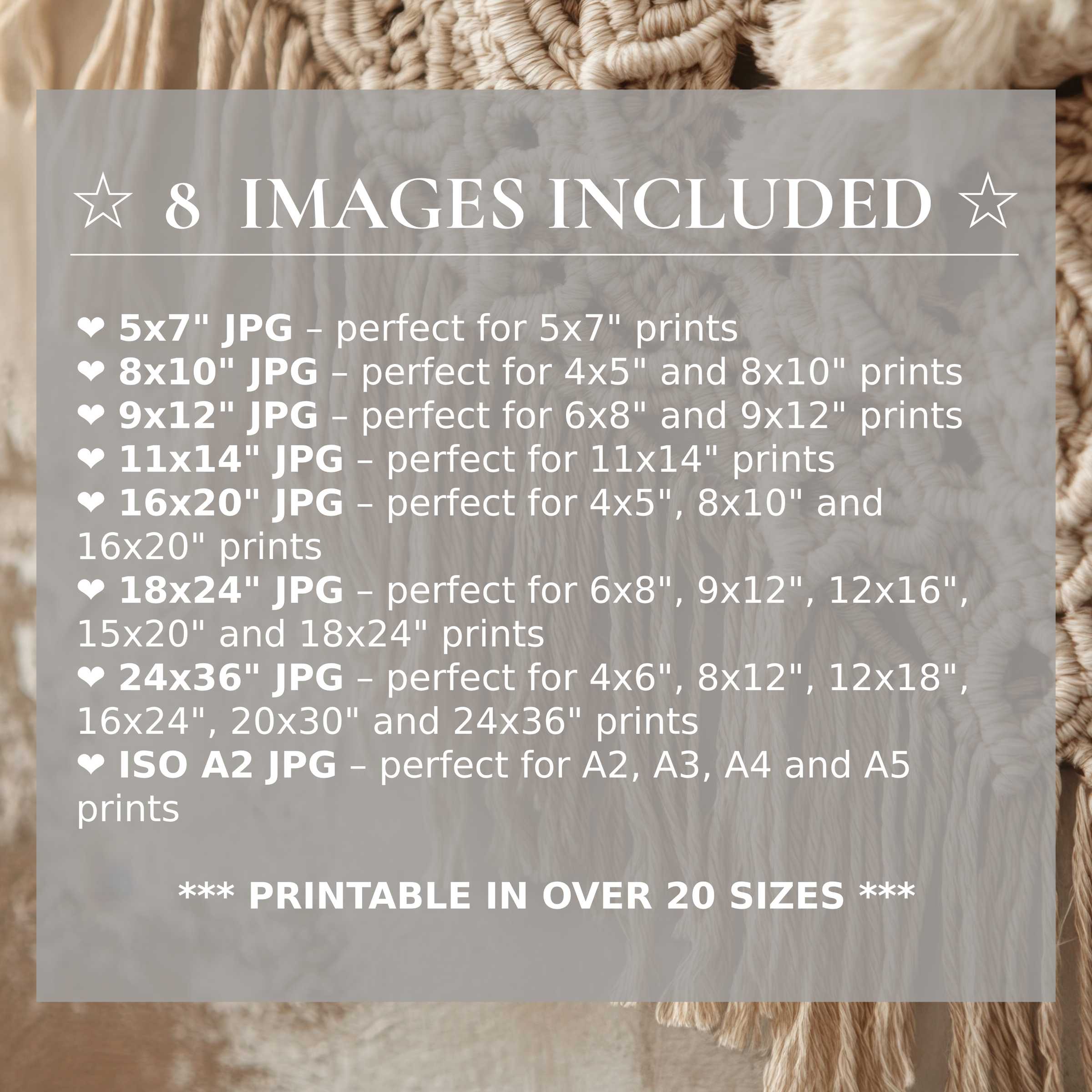 Boho digital print radiates warm earth tones and soft neutrals, enhancing modern interiors with elegant style and 8 included sizes