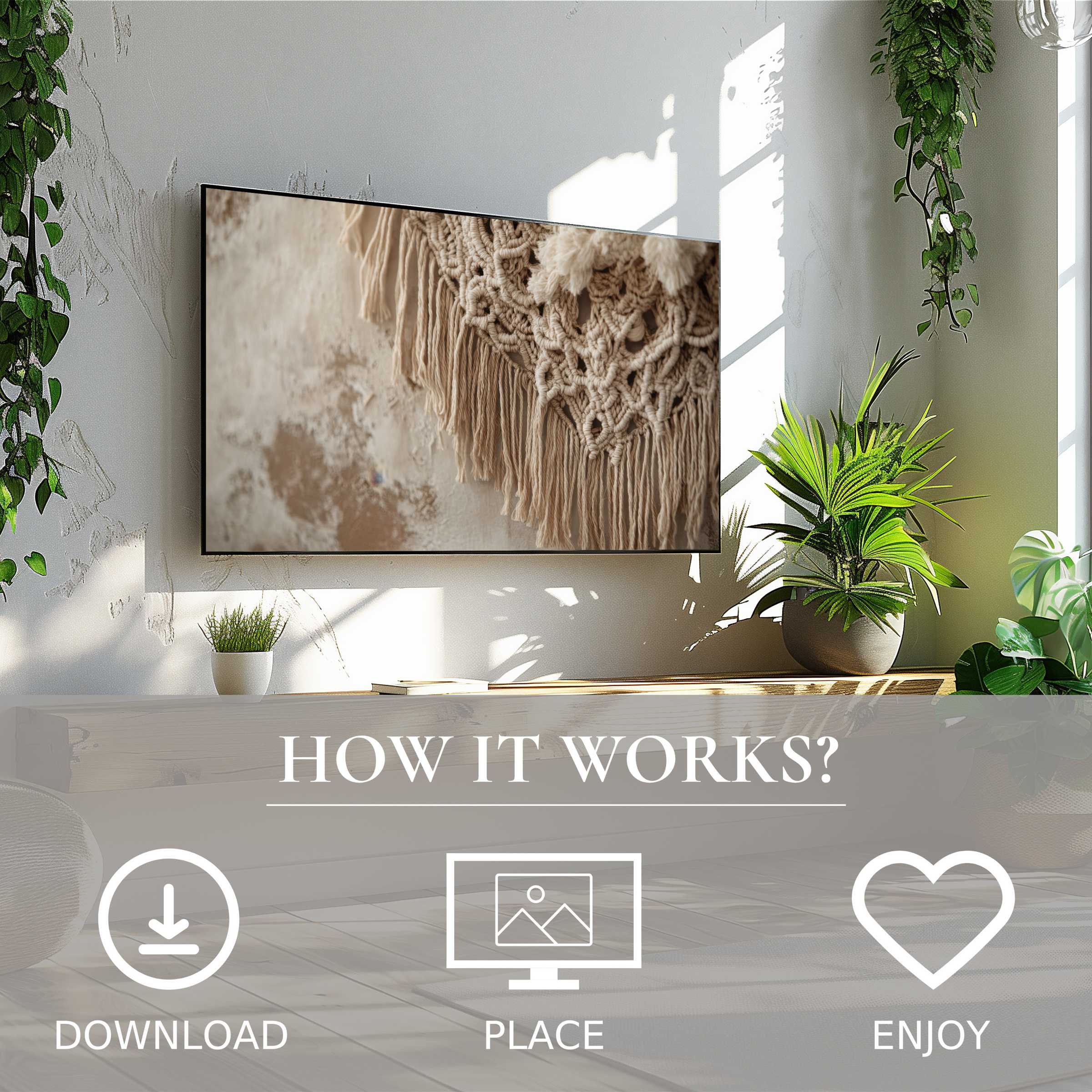 Boho art for Samsung TV showing soft beige macrame tones, easy digital download, enriches modern green-filled living rooms