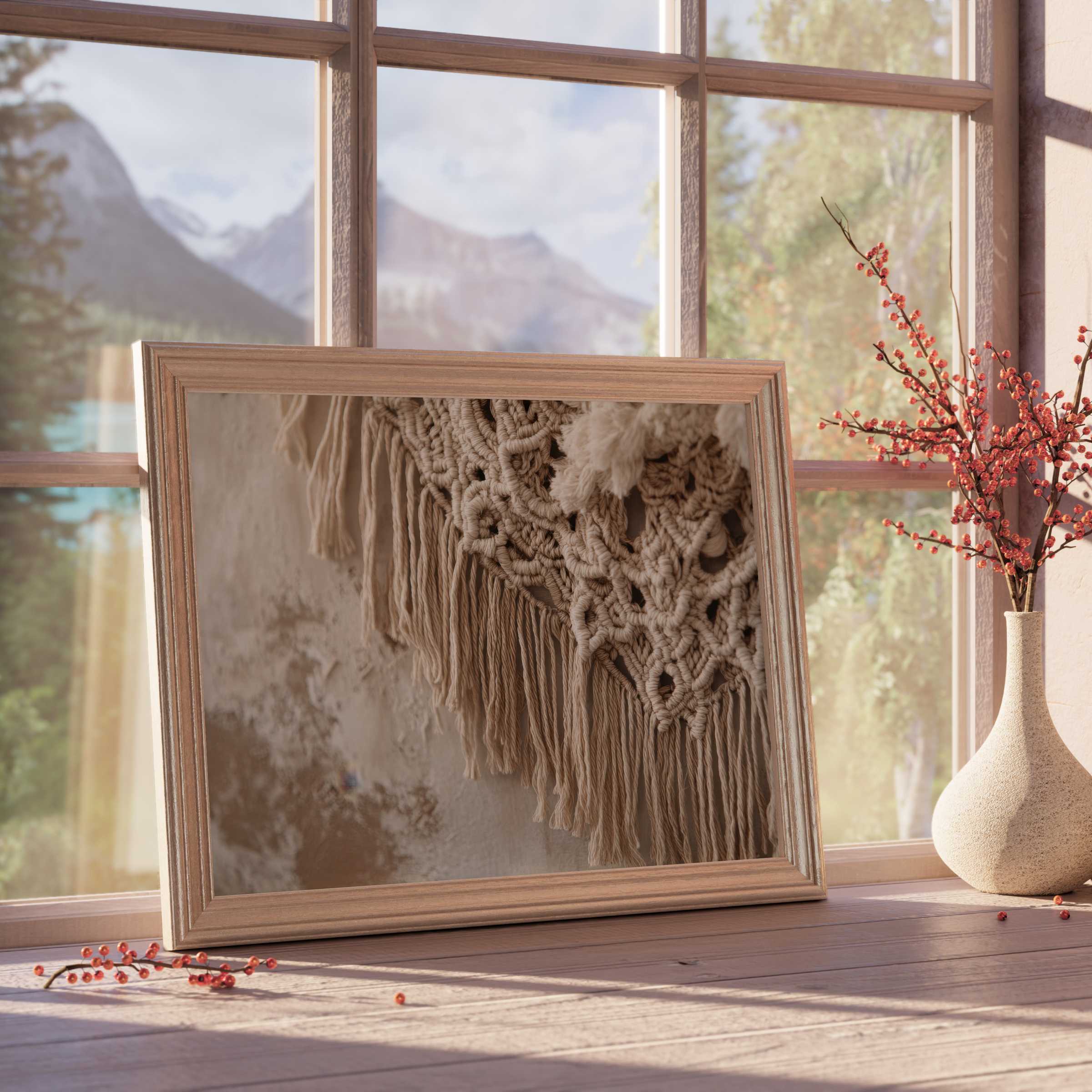 Elegant boho downloadable art featuring intricate macramé texture, enhancing tranquil, curated interiors with warm, natural charm