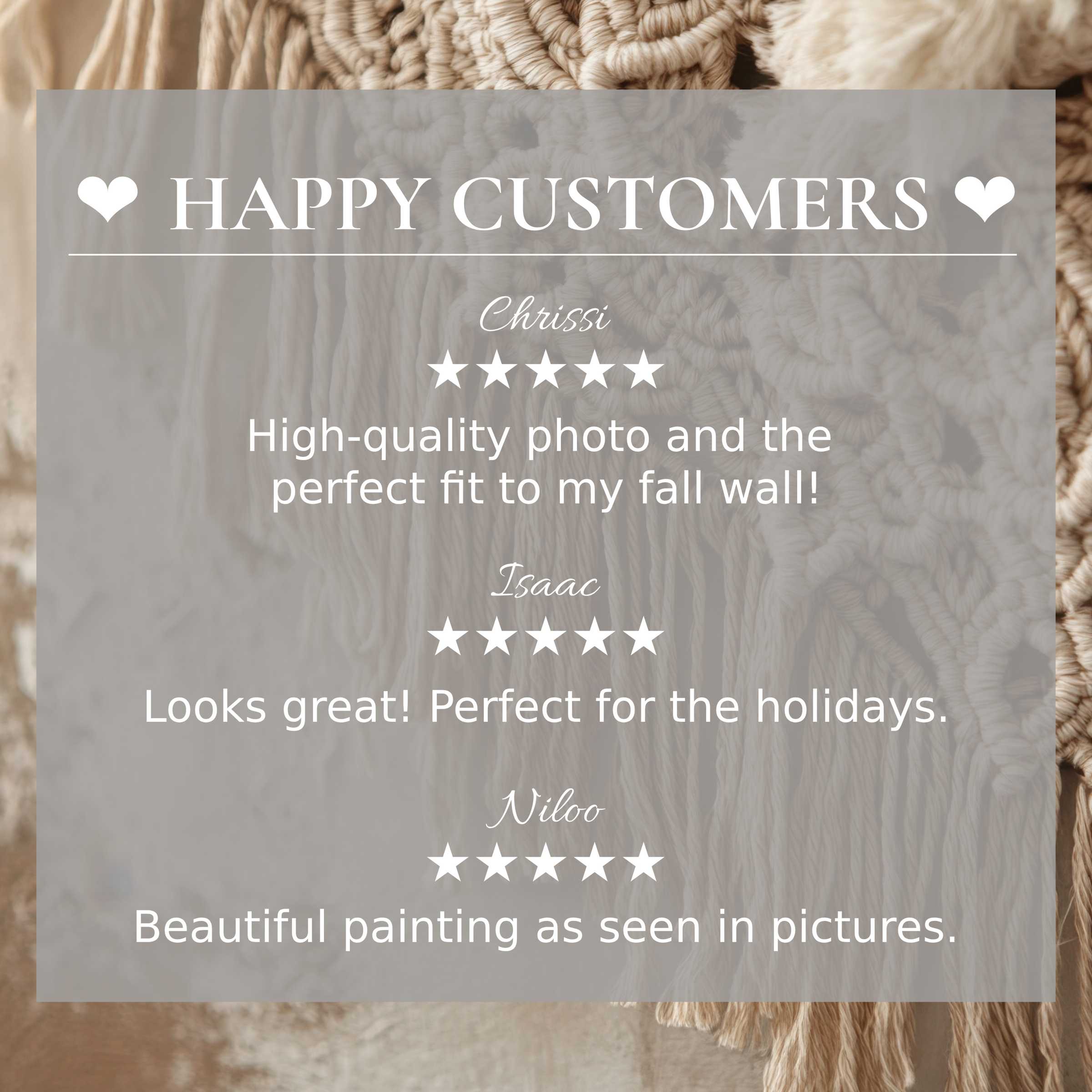Happy customer reviews highlight boho art for Frame TV with neutral macramé background, inspiring trust and elegance