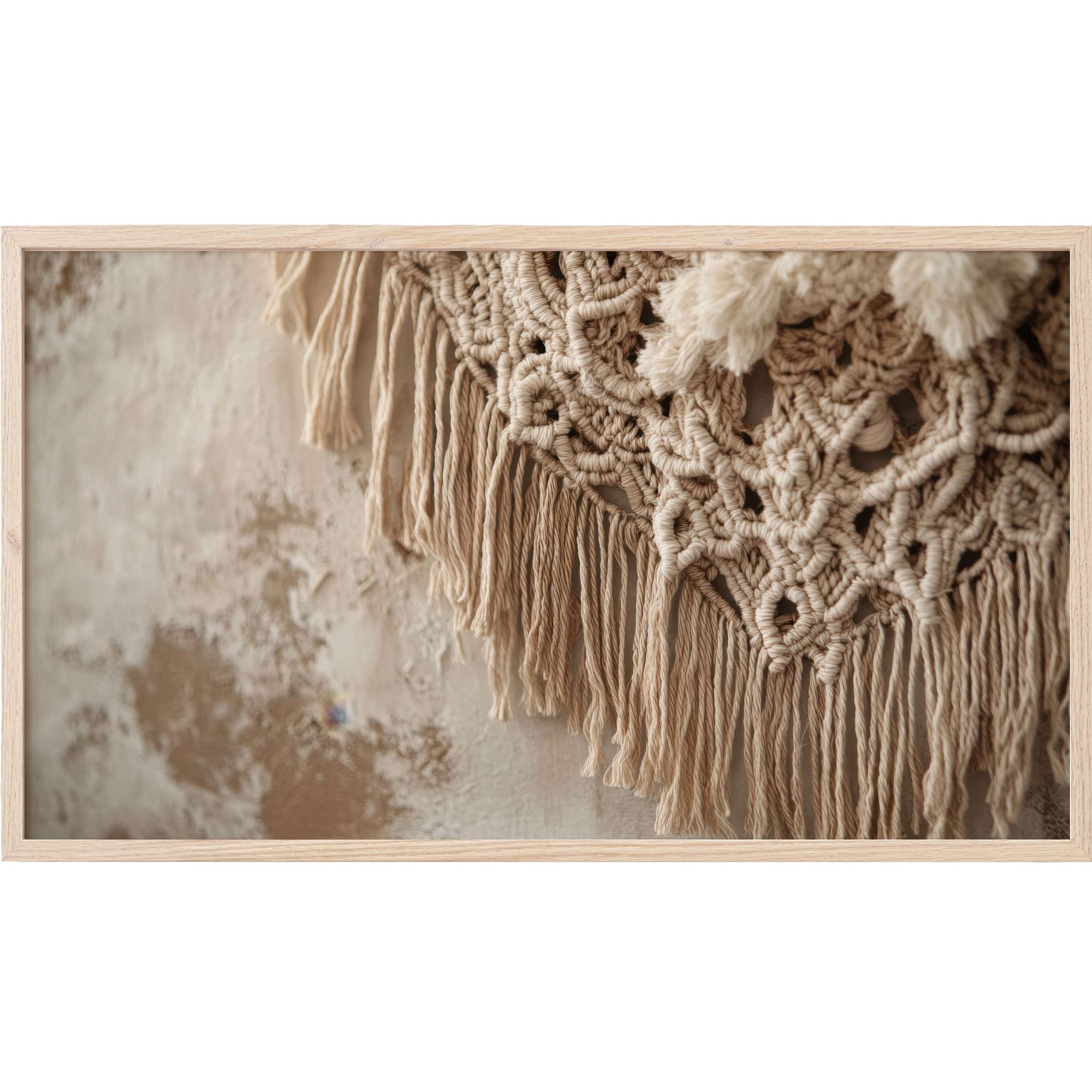 Boho Frame TV Art featuring intricate beige macramé texture with soft fringes and warm neutral tones