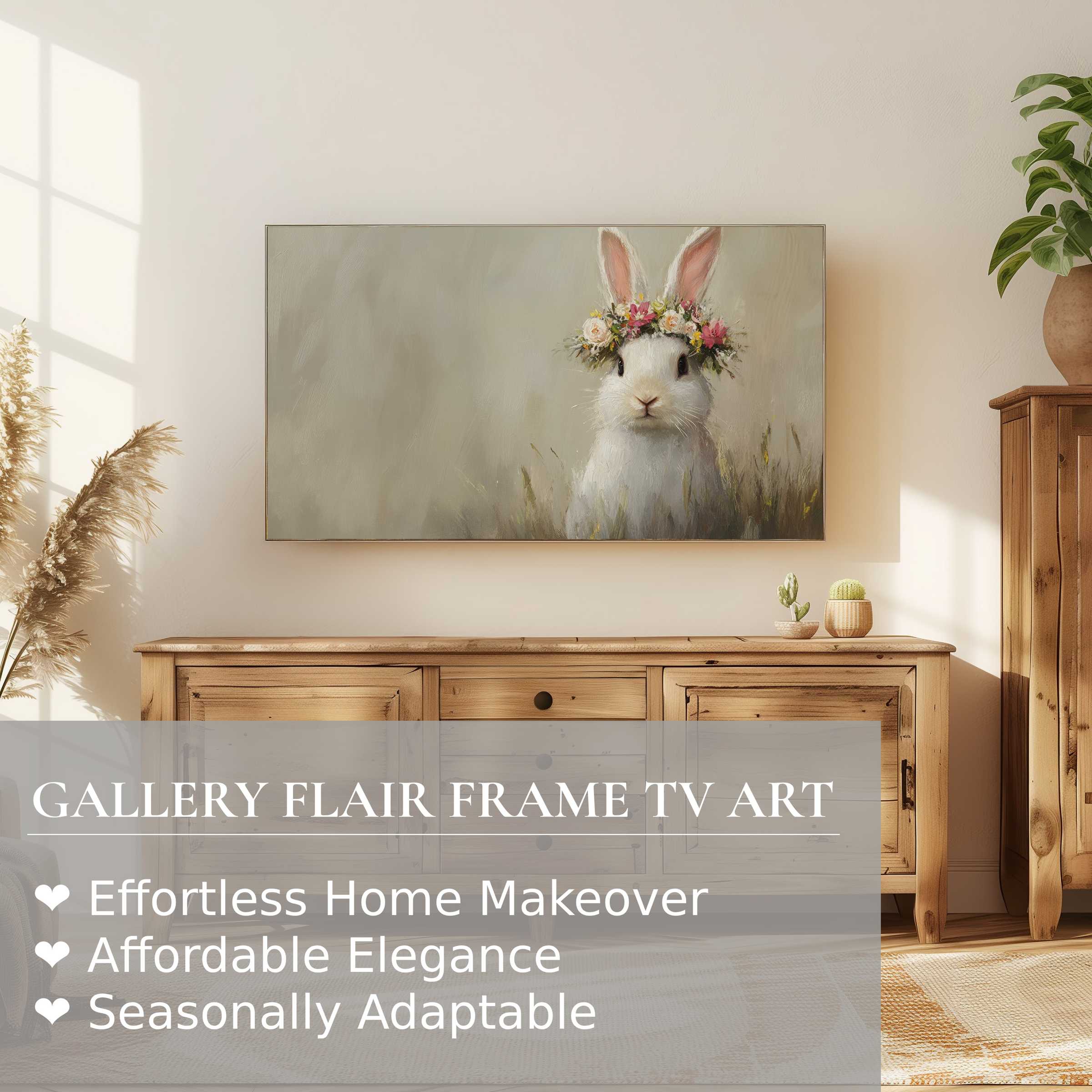 Samsung Frame TV displays elegant easter digital artwork of a bunny with floral crown in a serene modern room