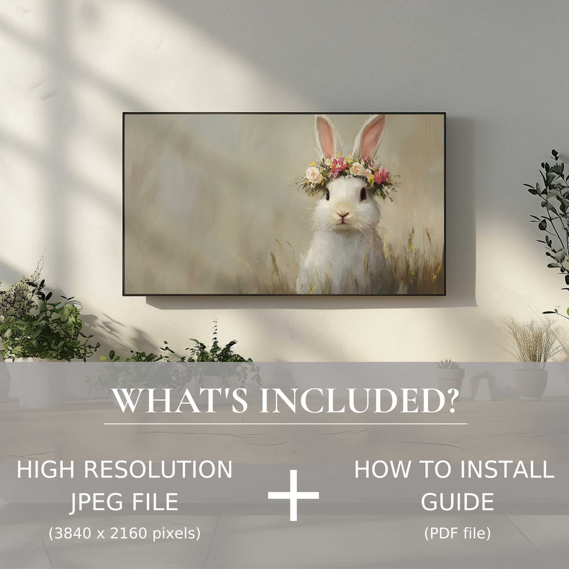 Elegant Easter digital TV art download featuring a floral bunny, enhancing modern living spaces with easy digital use