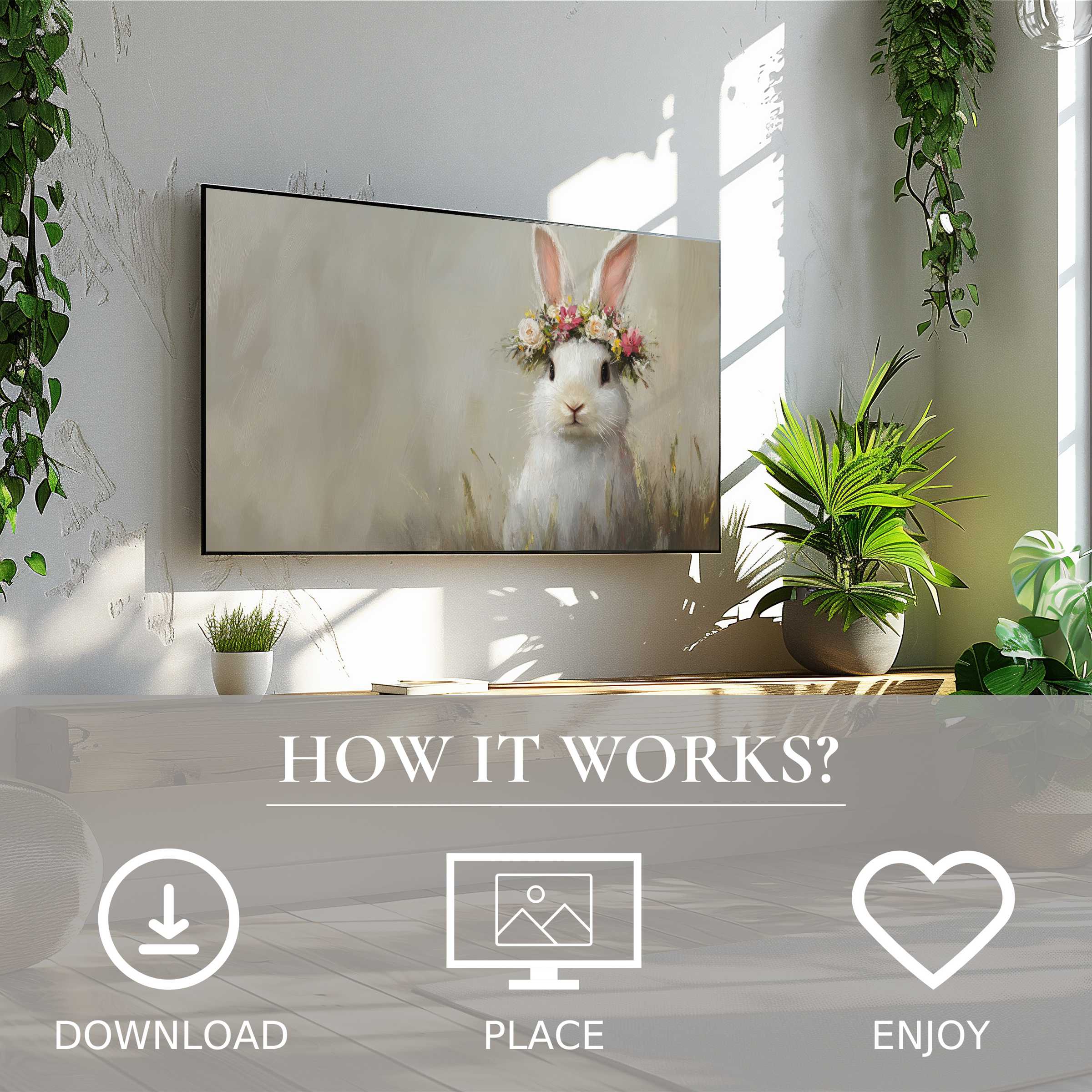 Modern living room with easter art for Samsung TV showing soft pastel bunny motif; digital download for easy décor update