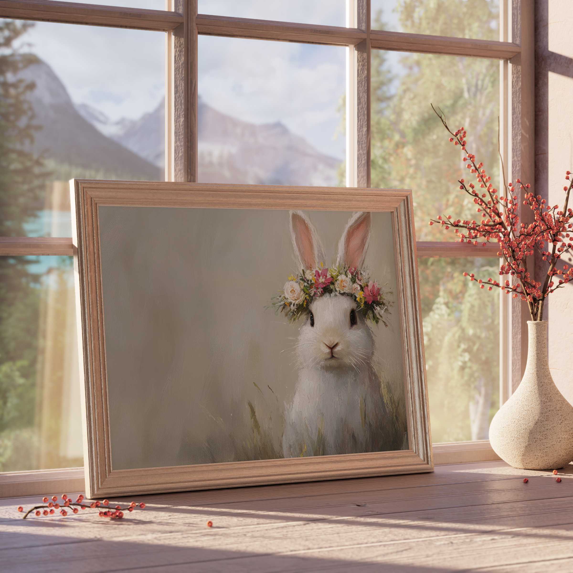 Easter downloadable art featuring a serene bunny with a floral crown, bringing calm elegance and spring charm to curated, tranquil interiors