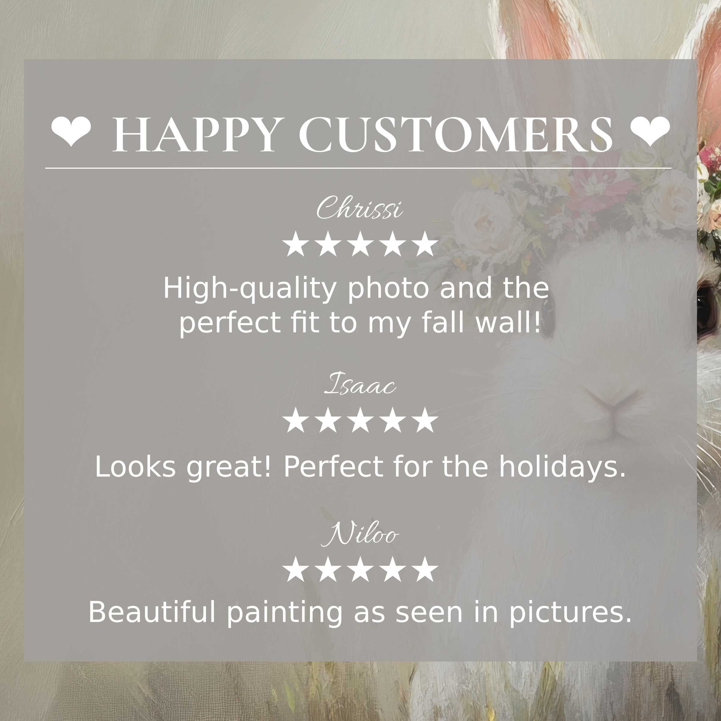 Elegant easter art for Frame TV with soft floral rabbit background and glowing happy customer reviews