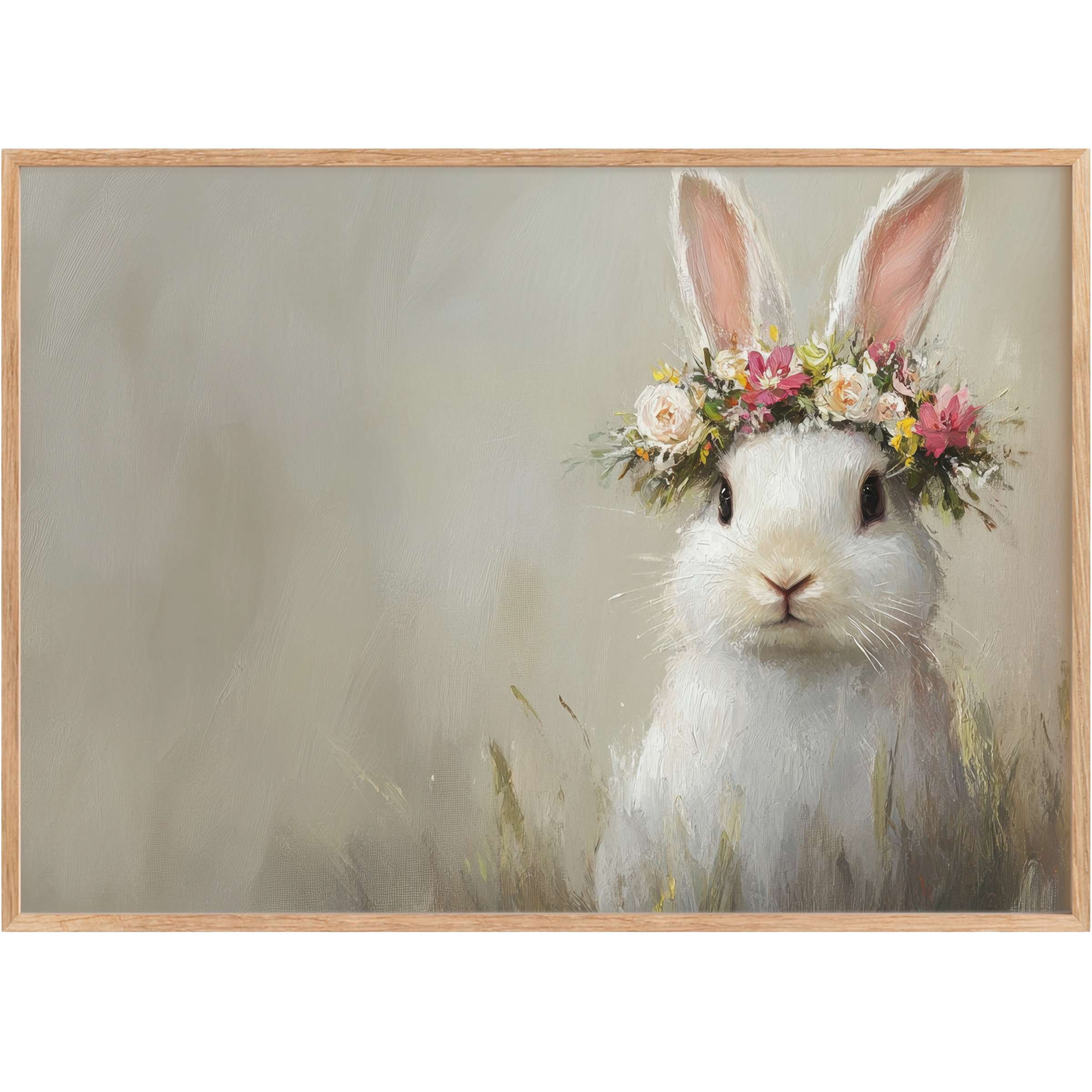 Charming easter printable wall art features a white bunny with a delicate floral crown, evoking serene springtime warmth