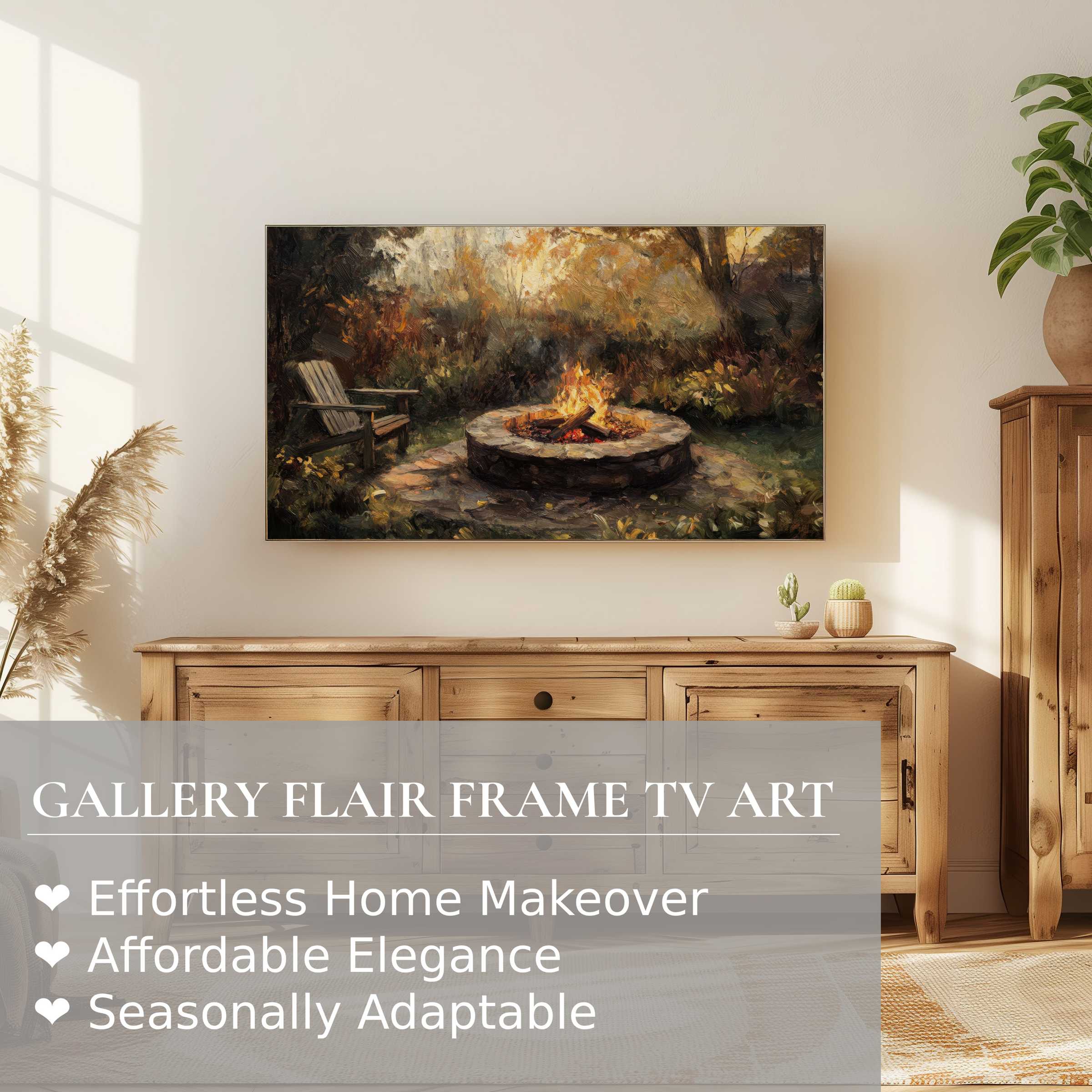 Warm, impressionist fall digital artwork of a firepit in nature, displayed on a sleek Samsung Frame TV in modern decor
