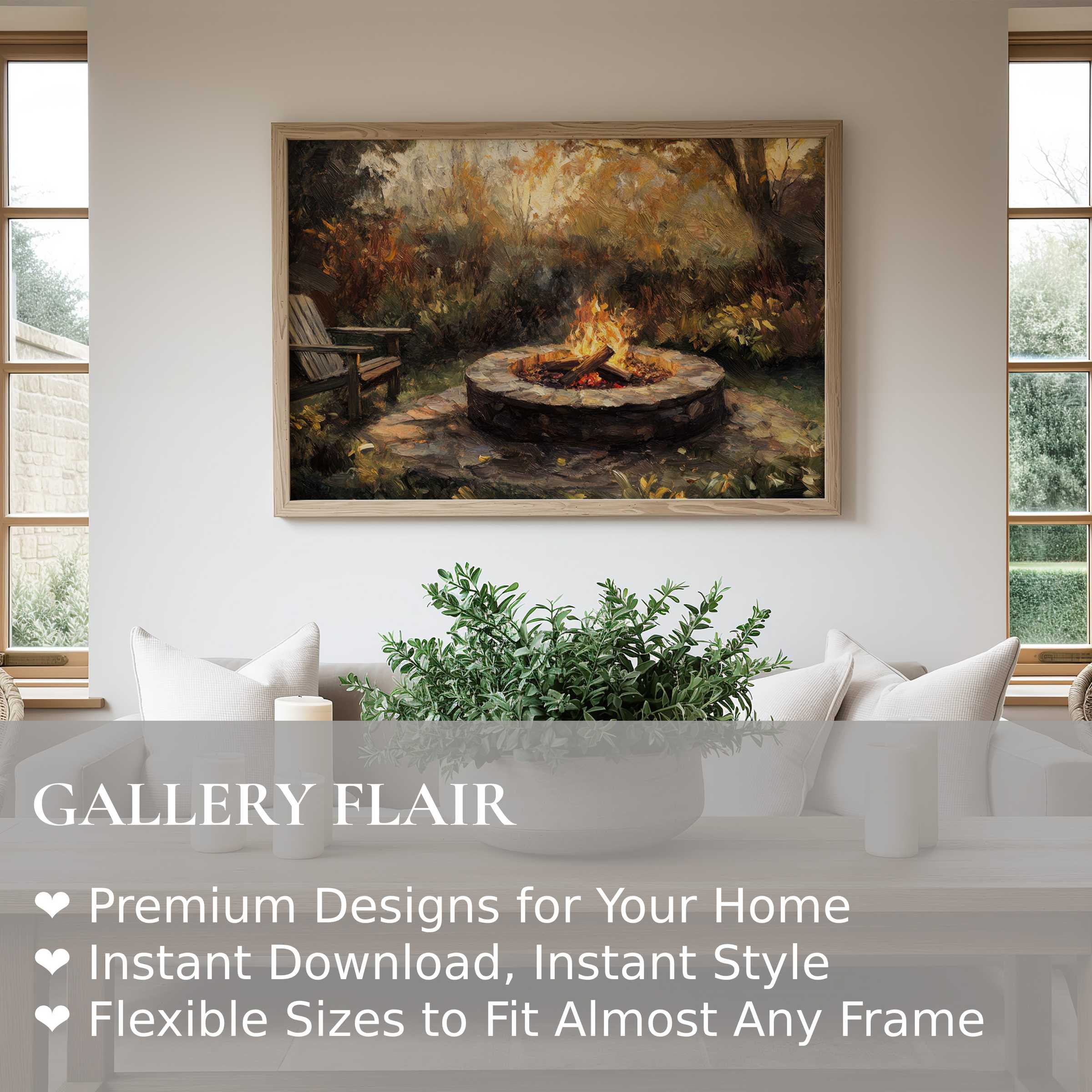 Fall wall art print featuring a radiant autumn firepit scene, enhancing modern minimalist interiors with warm, inviting ambiance and cozy charm