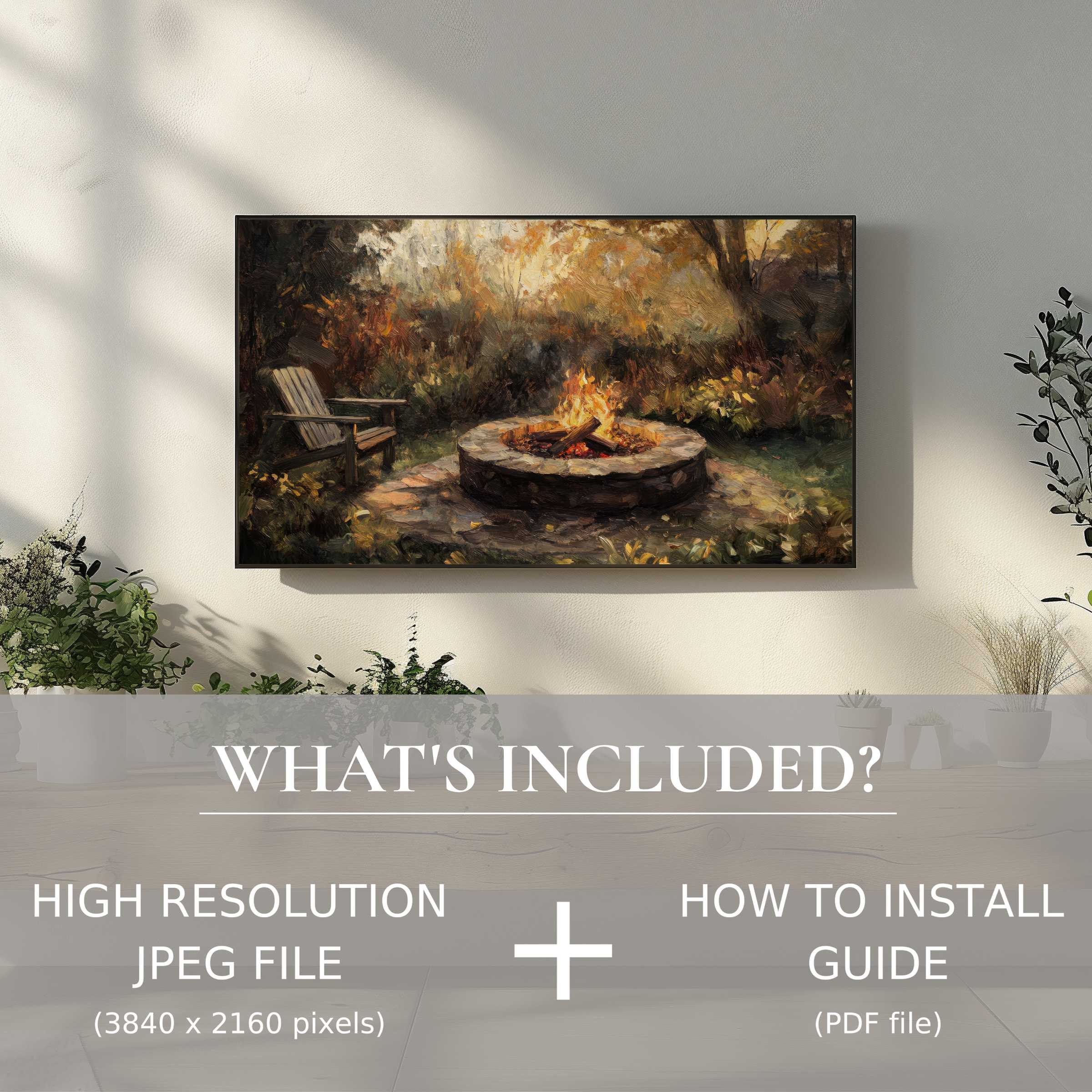 Elegant fall digital TV art download of a cozy firepit, enhancing living spaces with easy, stylish digital decor