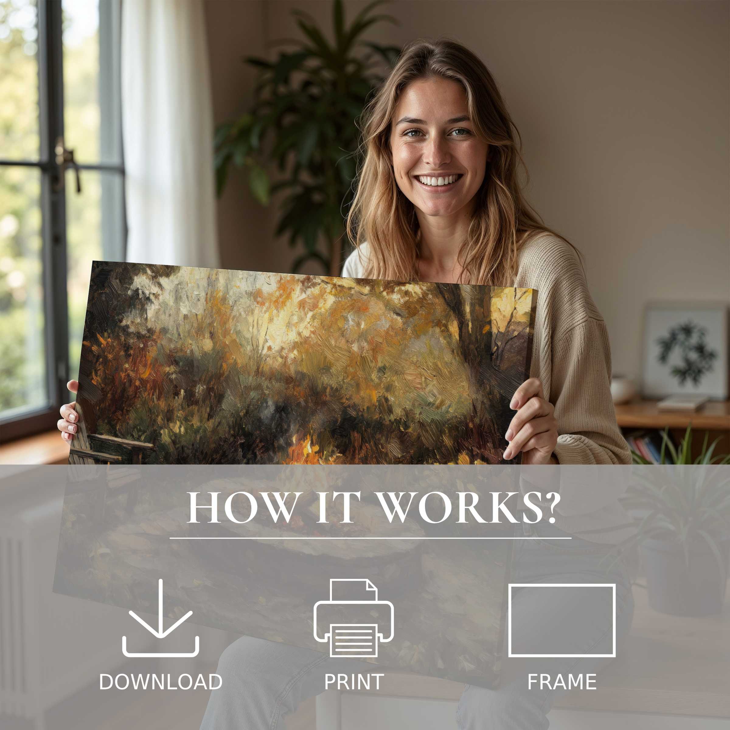 Woman in a modern home radiates joy, embracing a fall digital art print that transforms spaces with warm, autumnal hues