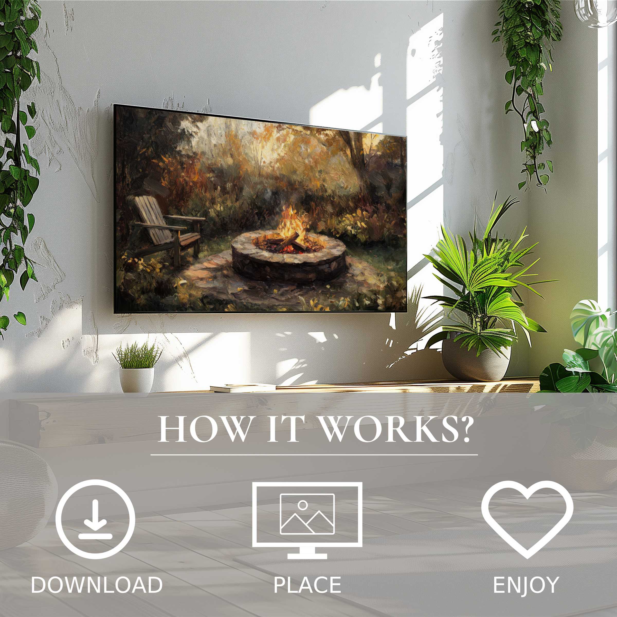 Fall art for Samsung TV shows warm firelight hues in nature; easy digital download brightens your modern living room