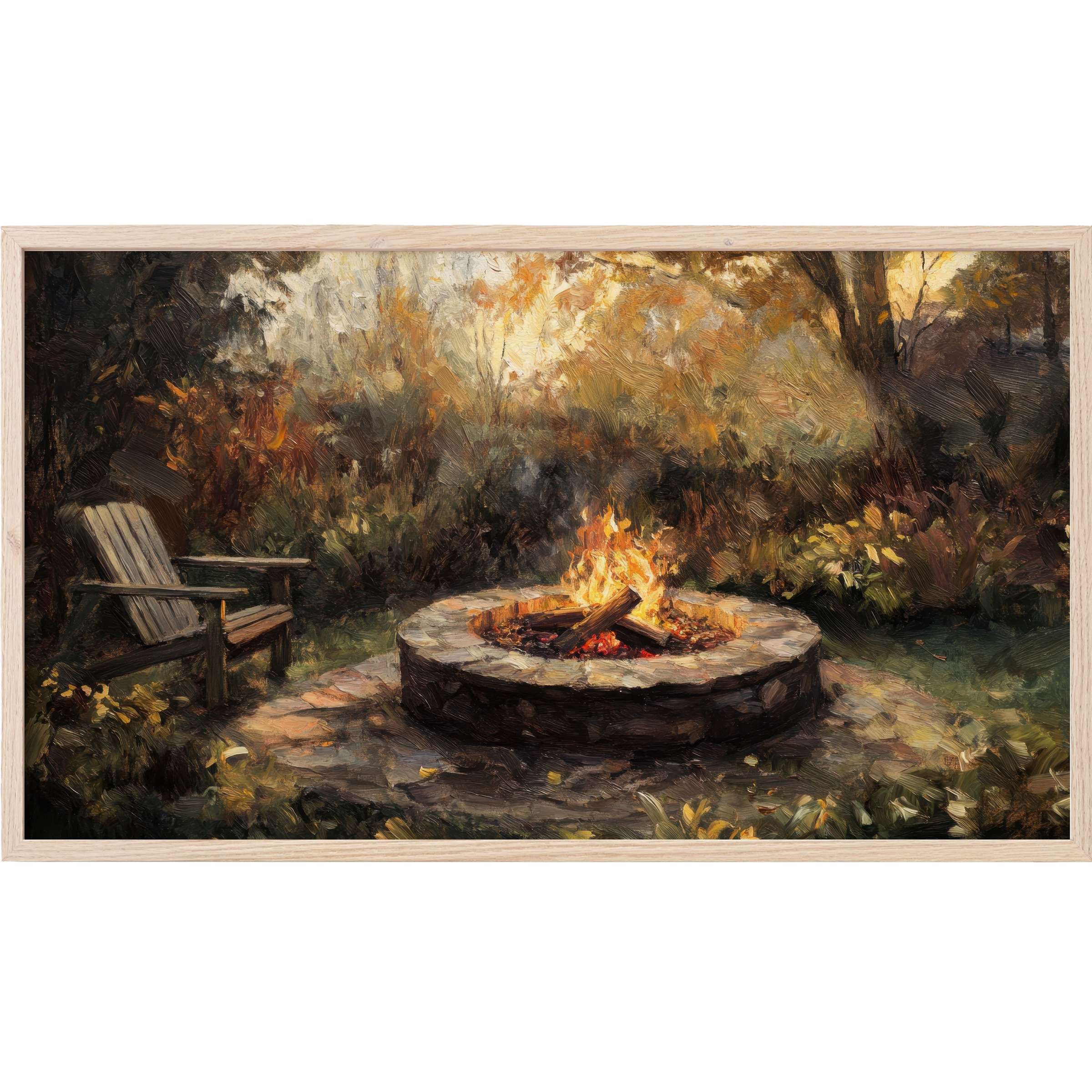 Fall Frame TV Art depicts a warm autumn fire pit scene with rich earth tones in a soft, impressionistic style
