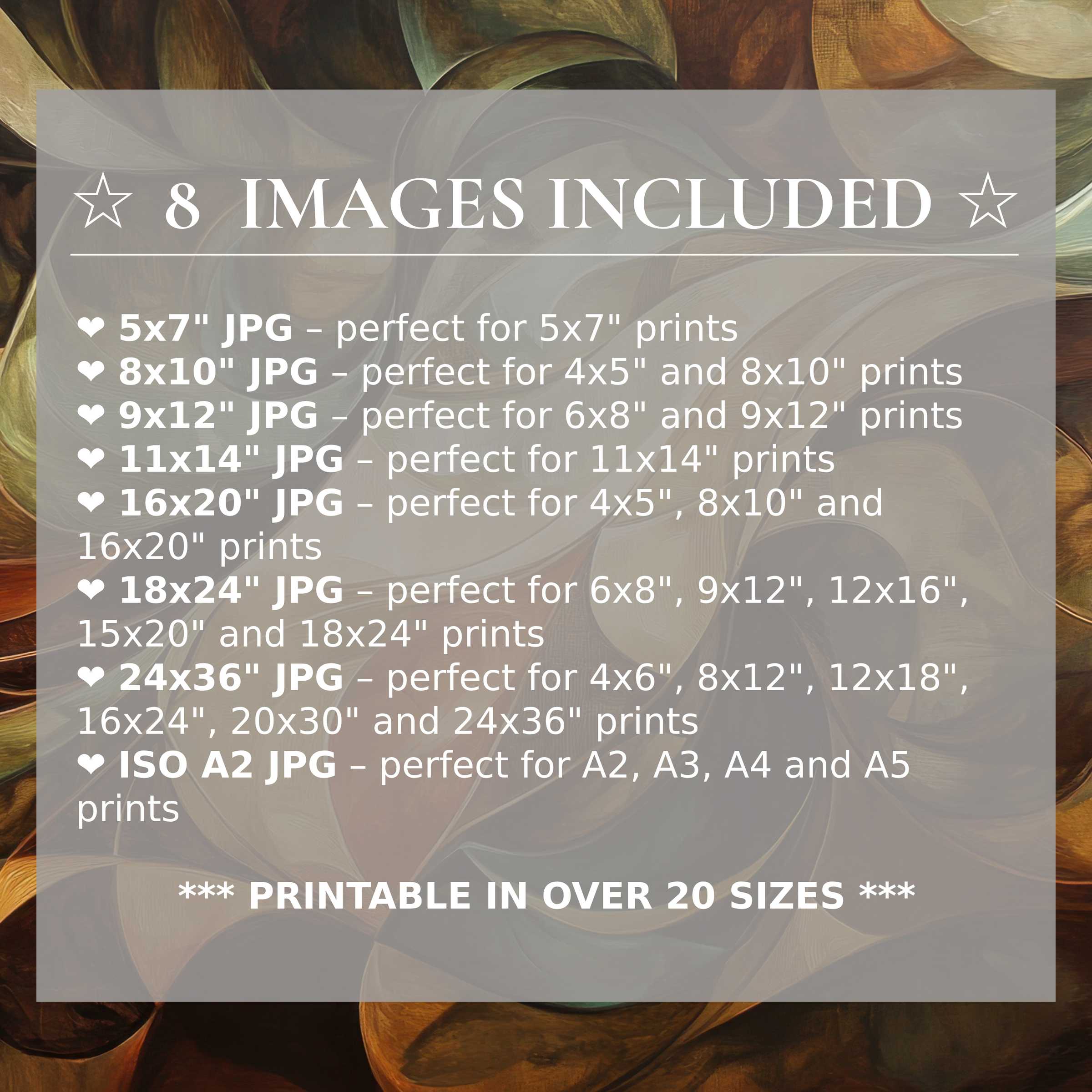 Luxurious abstract digital print in warm earth tones and muted greens, radiating calm sophistication; includes 8 high-quality sizes