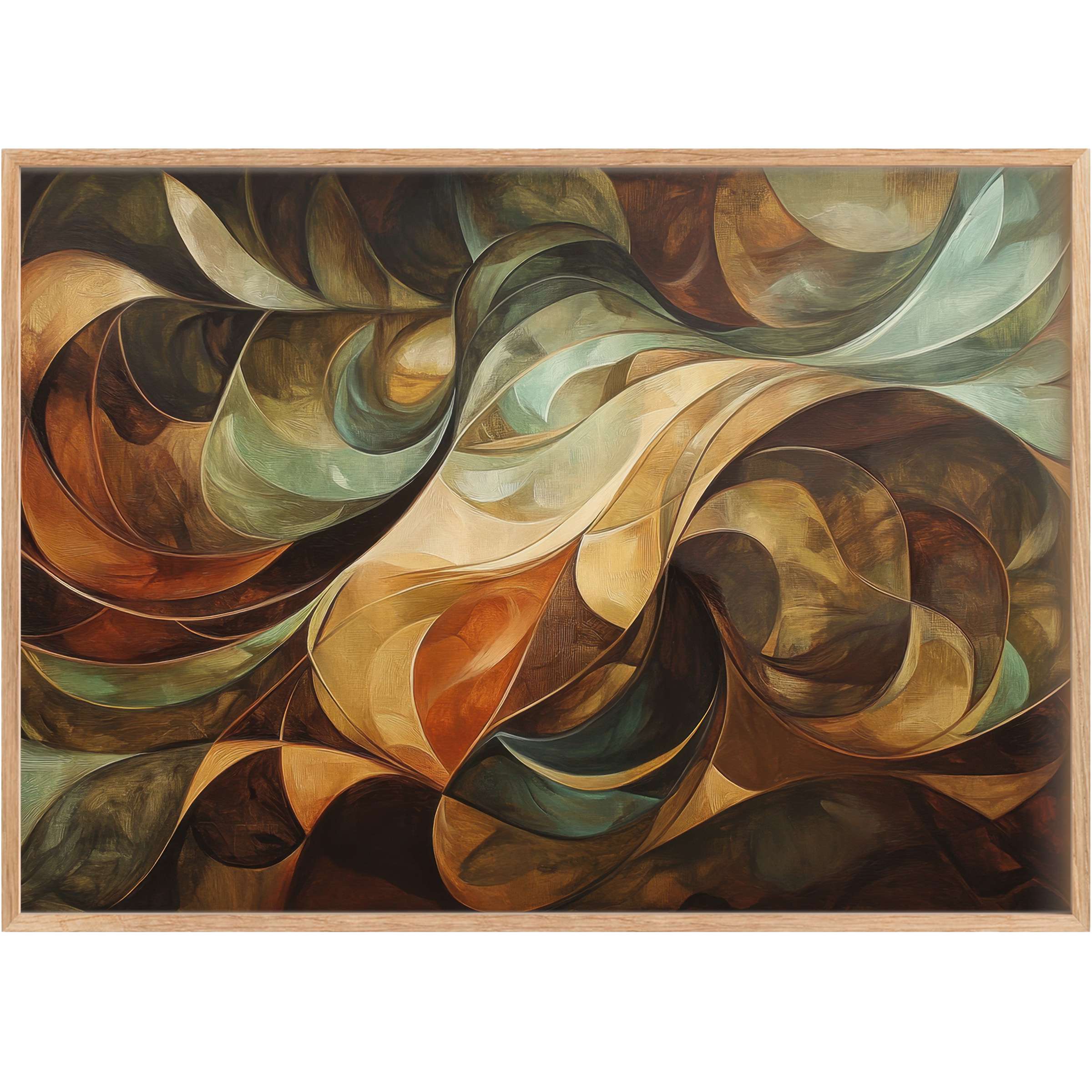 Elegant abstract printable wall art in rich earth tones and muted teal, evoking a warm, sophisticated, and inviting atmosphere