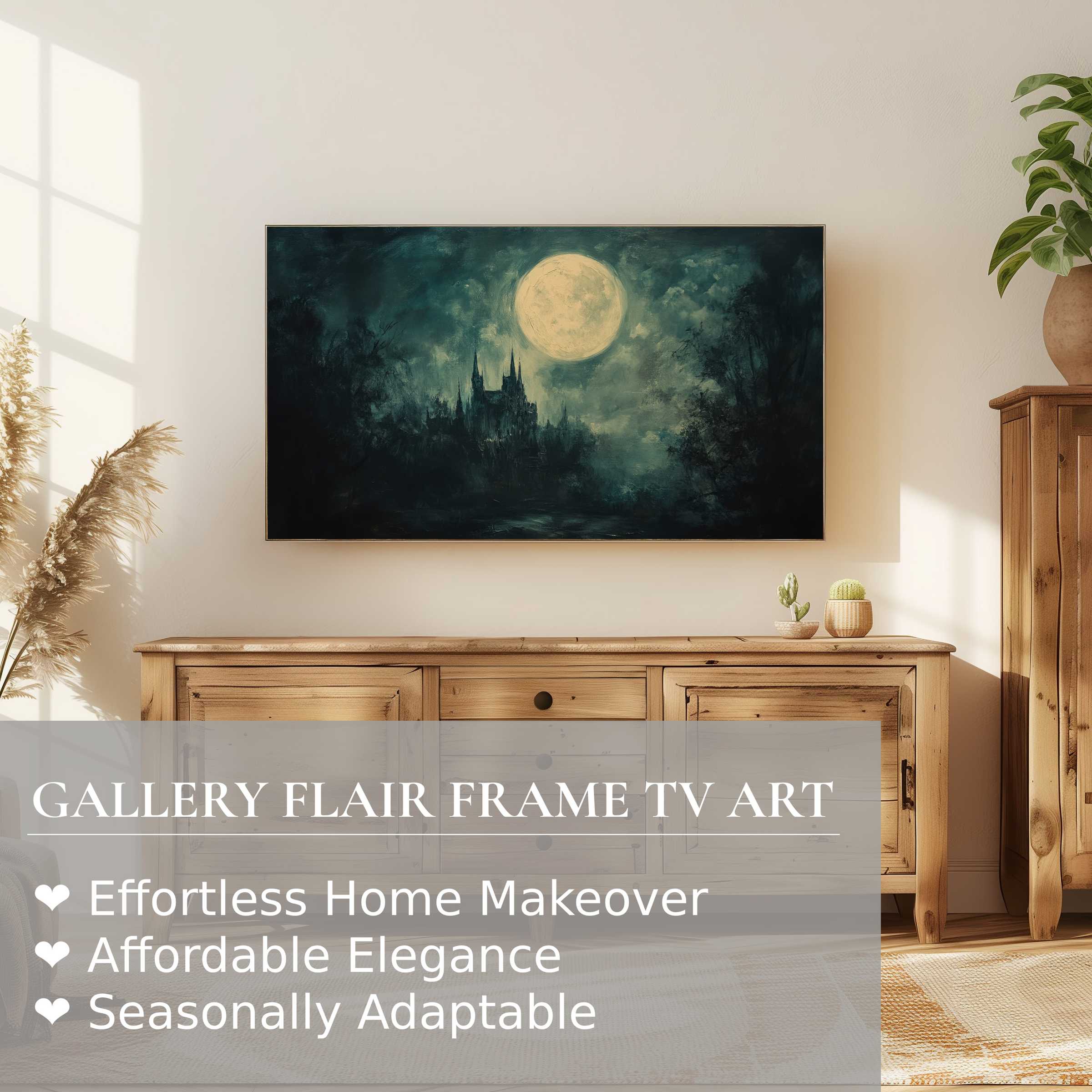 Samsung Frame TV displaying moody, atmospheric halloween digital artwork with a dark castle and glowing full moon in modern decor