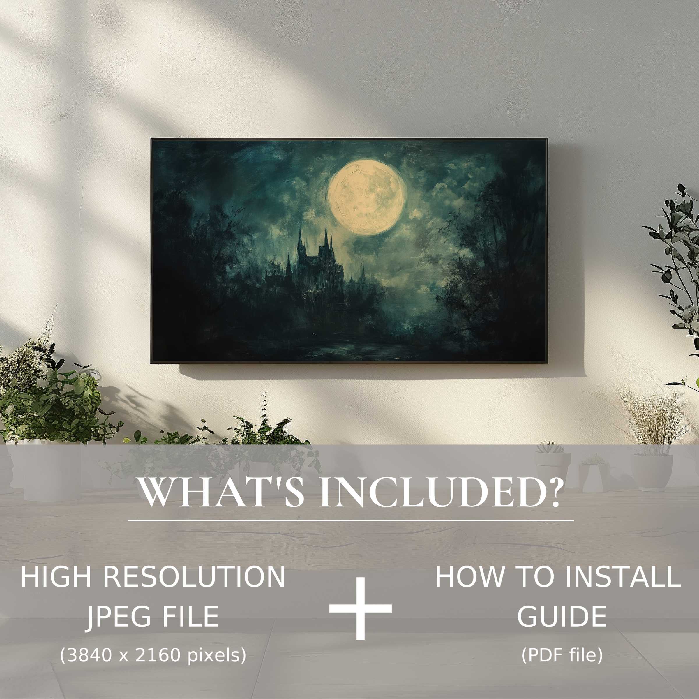Elegant living room with a moonlit castle scene, easy to use halloween digital TV art download for modern style