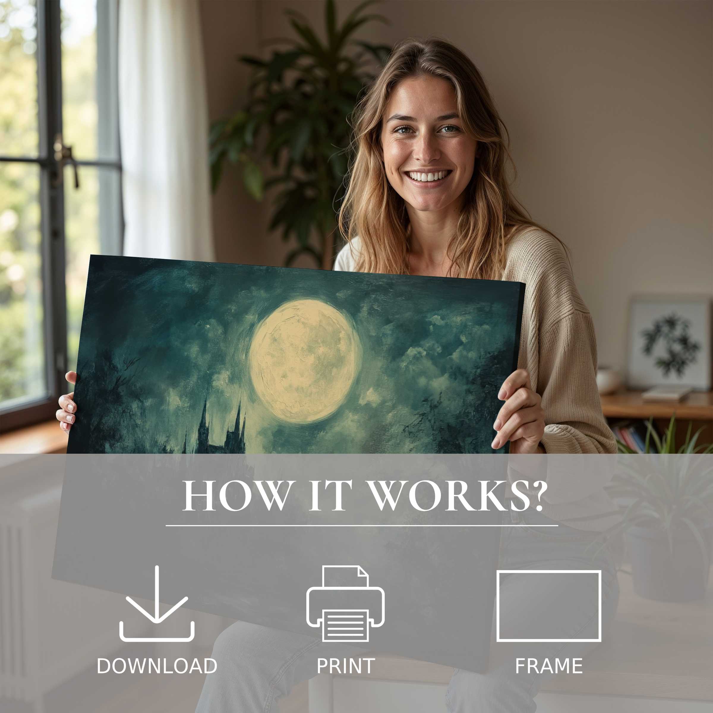 Effortless elegance of Halloween digital art print bringing serene warmth and timeless connection to a stylish modern home