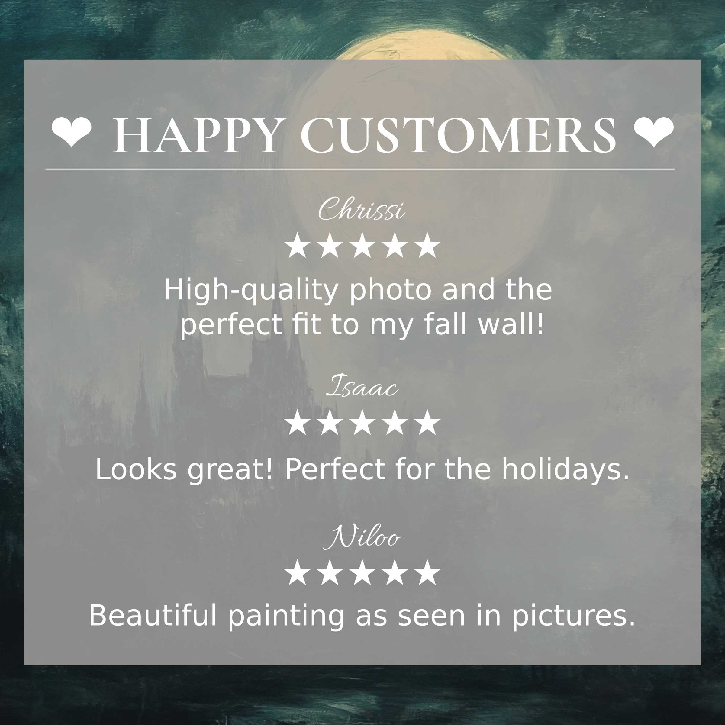 Elegant halloween art for Frame TV with moonlit castle background, showcasing happy customer reviews to build trust