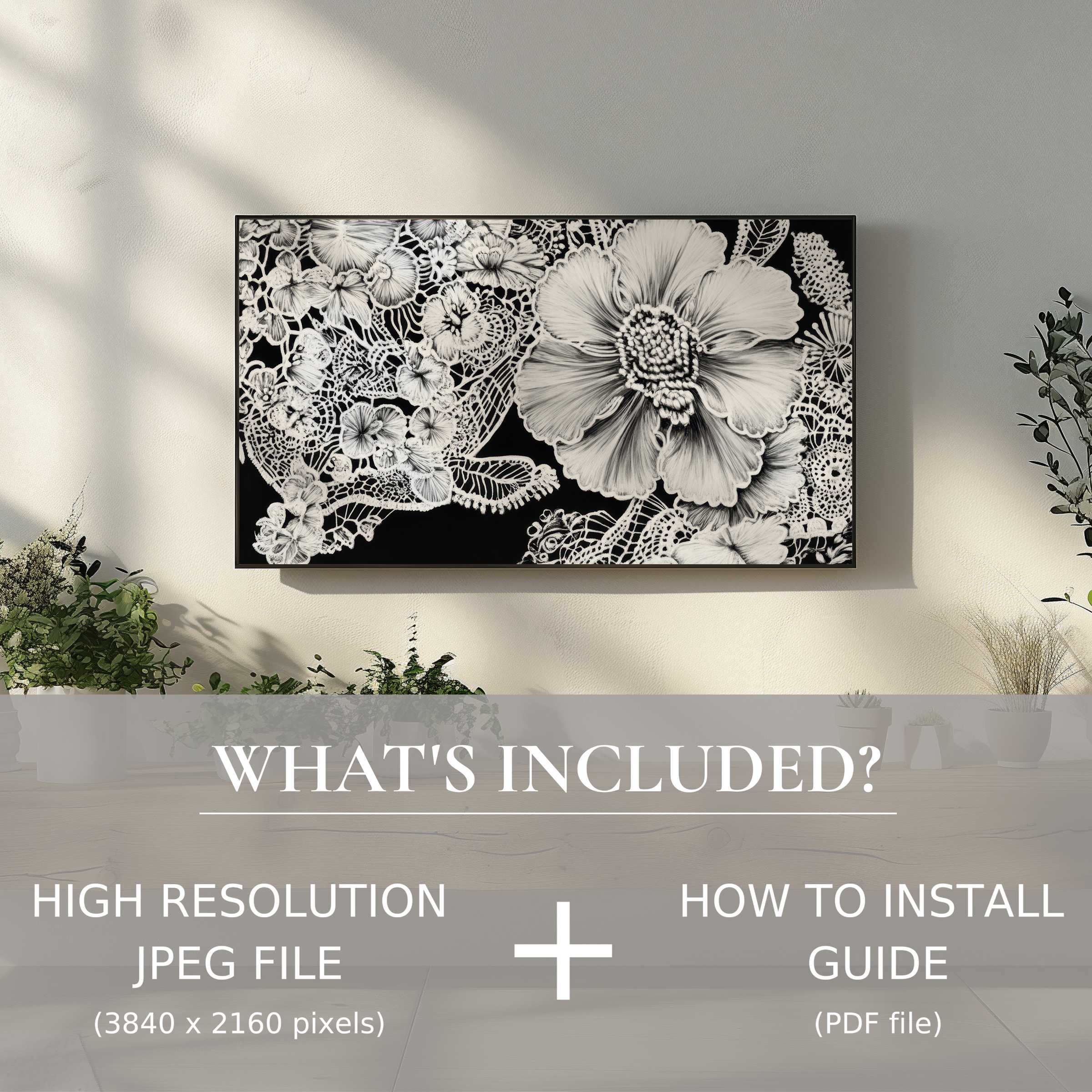 Elegant black and white digital TV art download featuring detailed florals, enhances living spaces with easy digital use