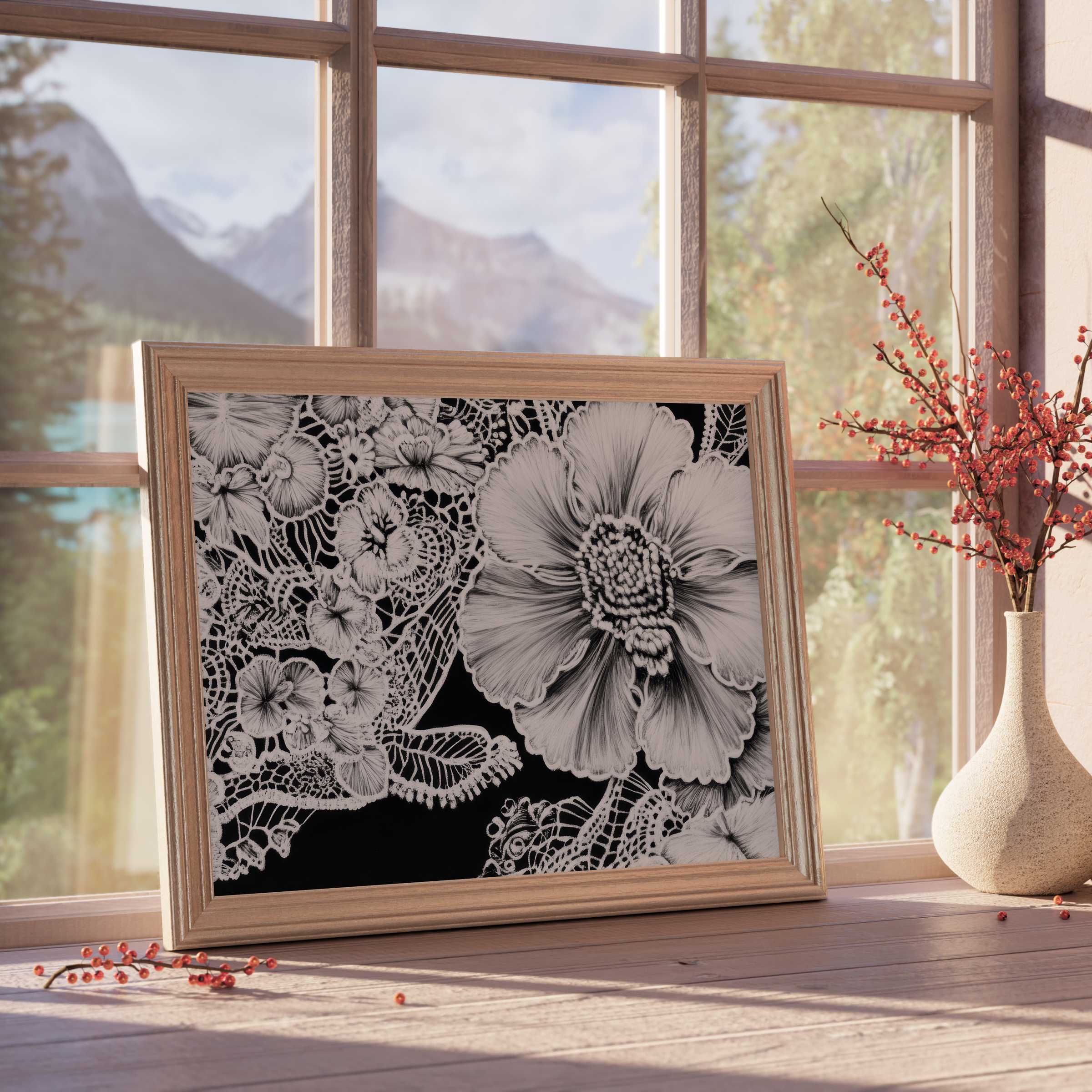Black and white downloadable art featuring intricate floral lace patterns, elevating serene, curated interiors with timeless elegance