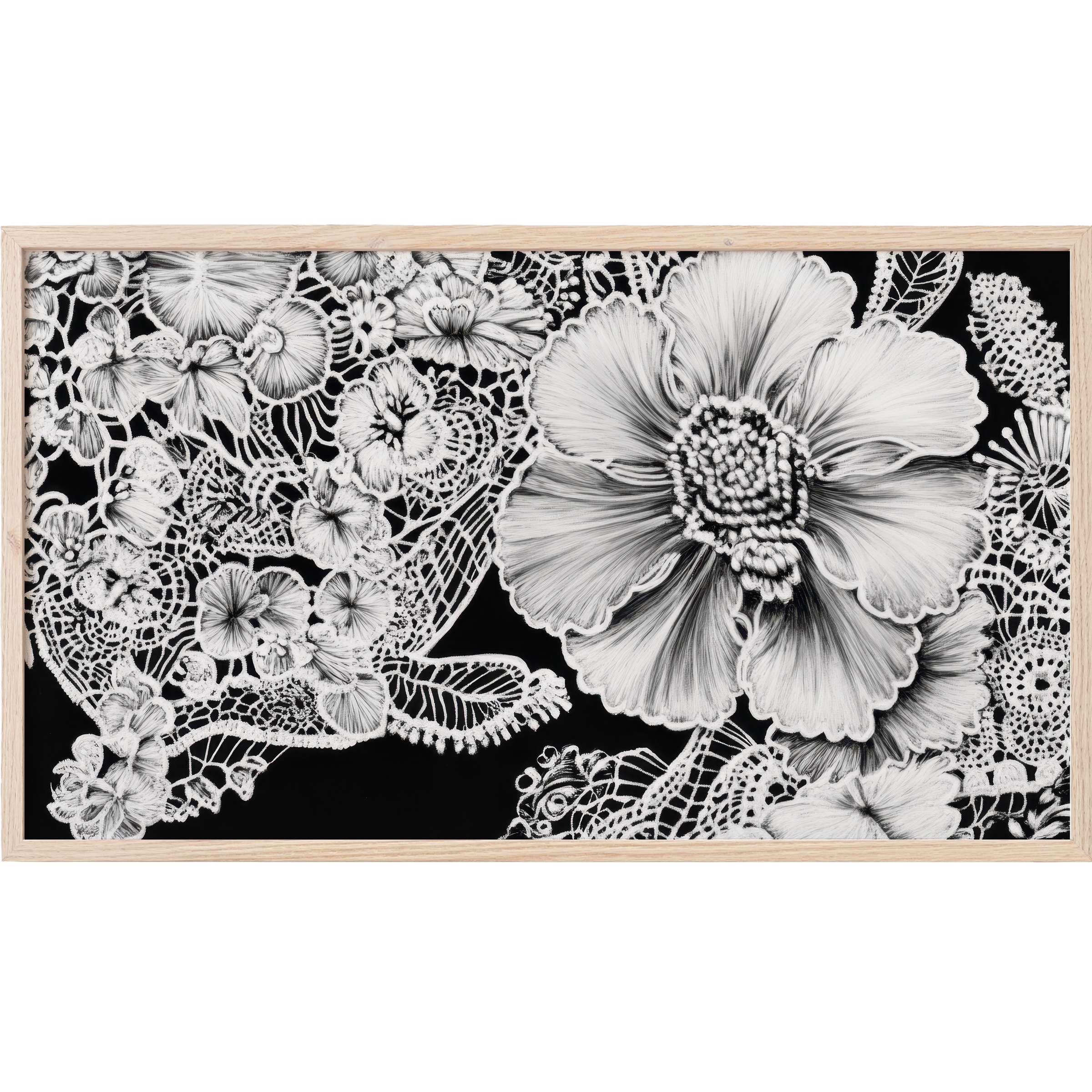 Intricate floral design in monochrome elegance, framed with minimal wood for refined black and white Frame TV Art