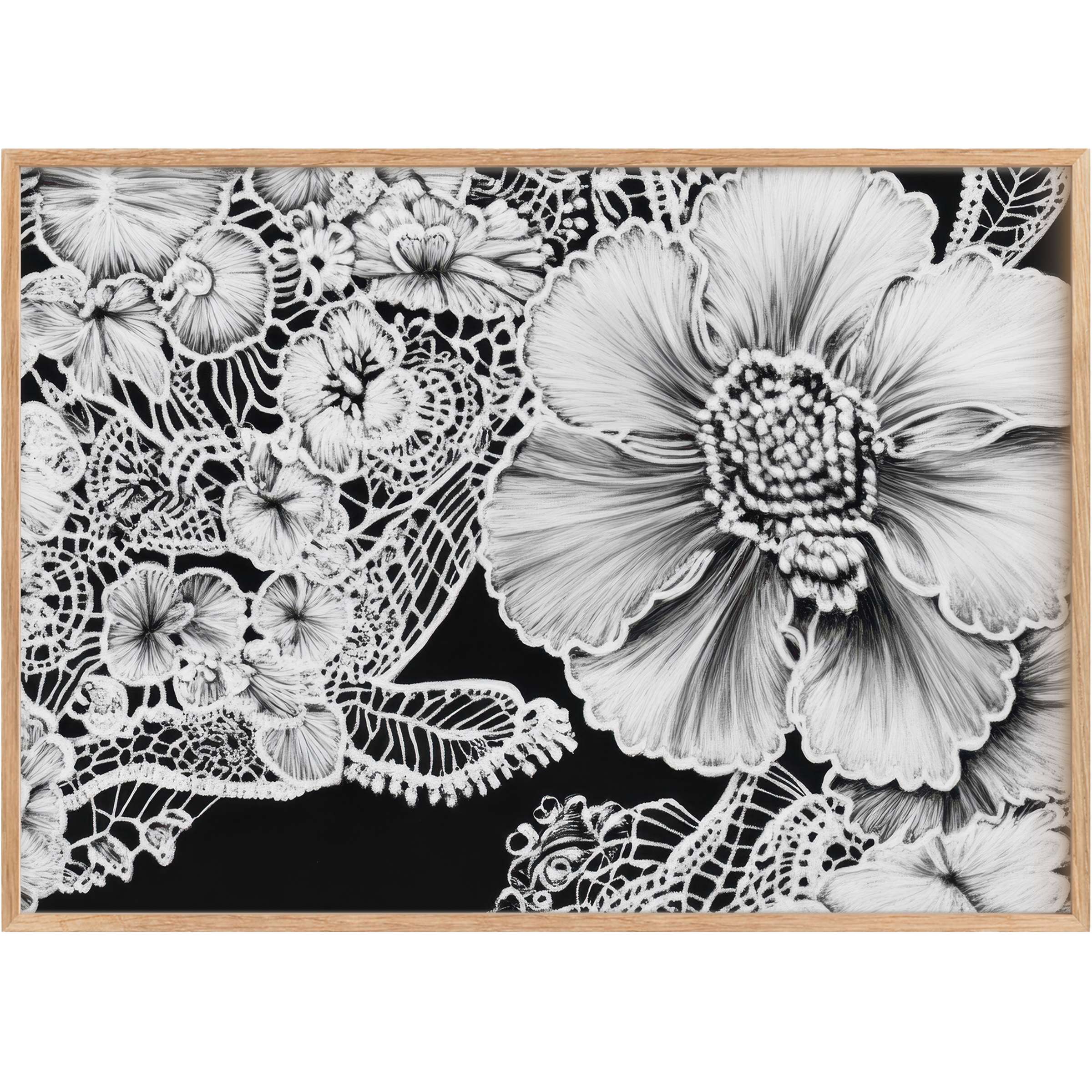 Elegant black and white printable wall art featuring intricate floral lace patterns, evoking a serene, timeless sophistication