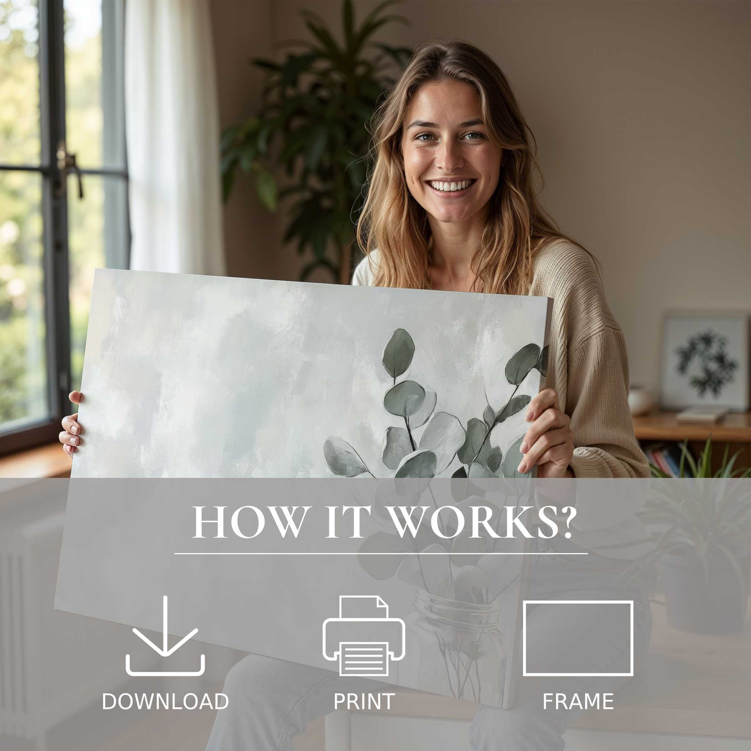 A radiant moment of connection as a woman embraces a floral digital art print, inviting effortless elegance into a modern, serene home