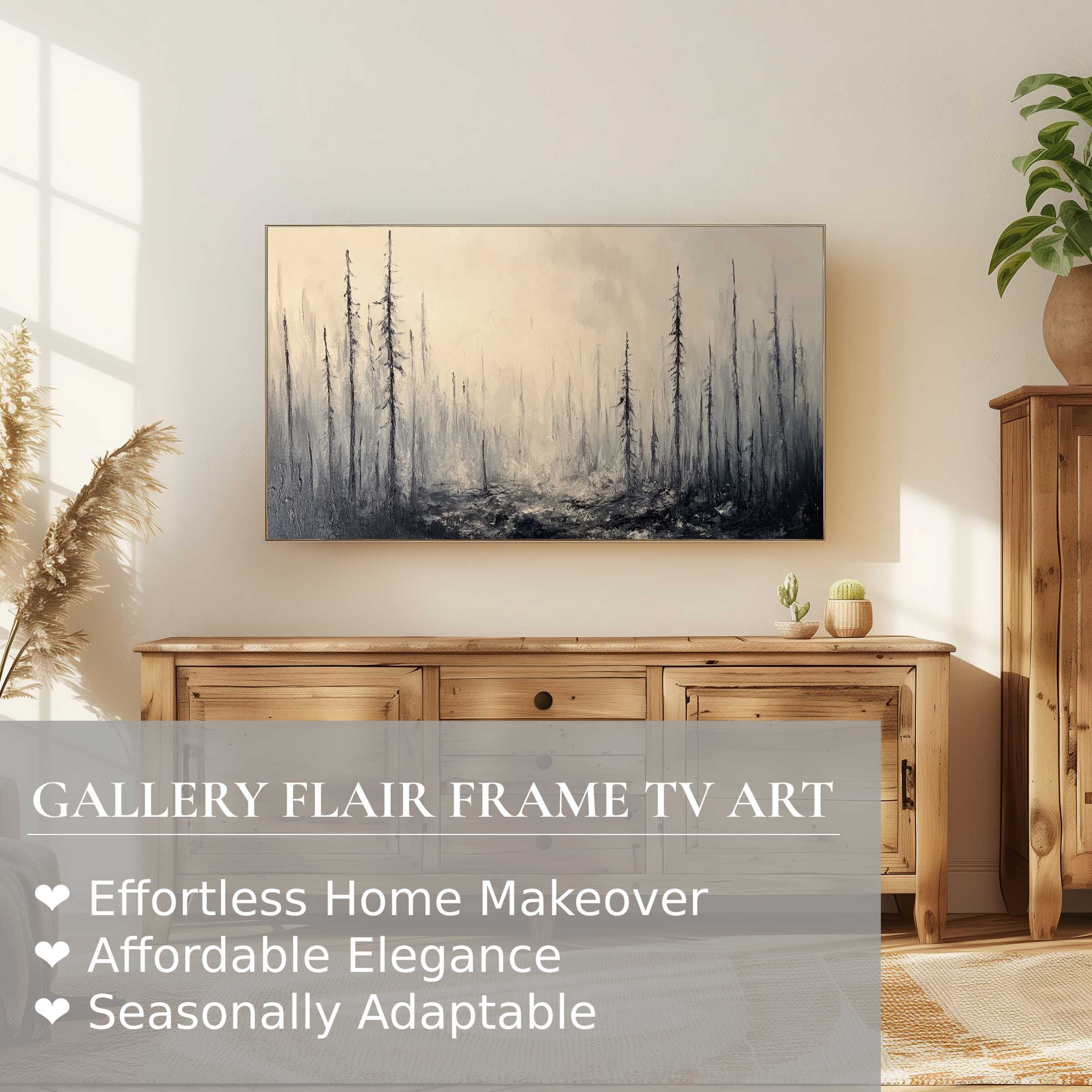 Minimalist living room with Samsung Frame TV displaying a moody tree digital artwork, blending elegance and nature