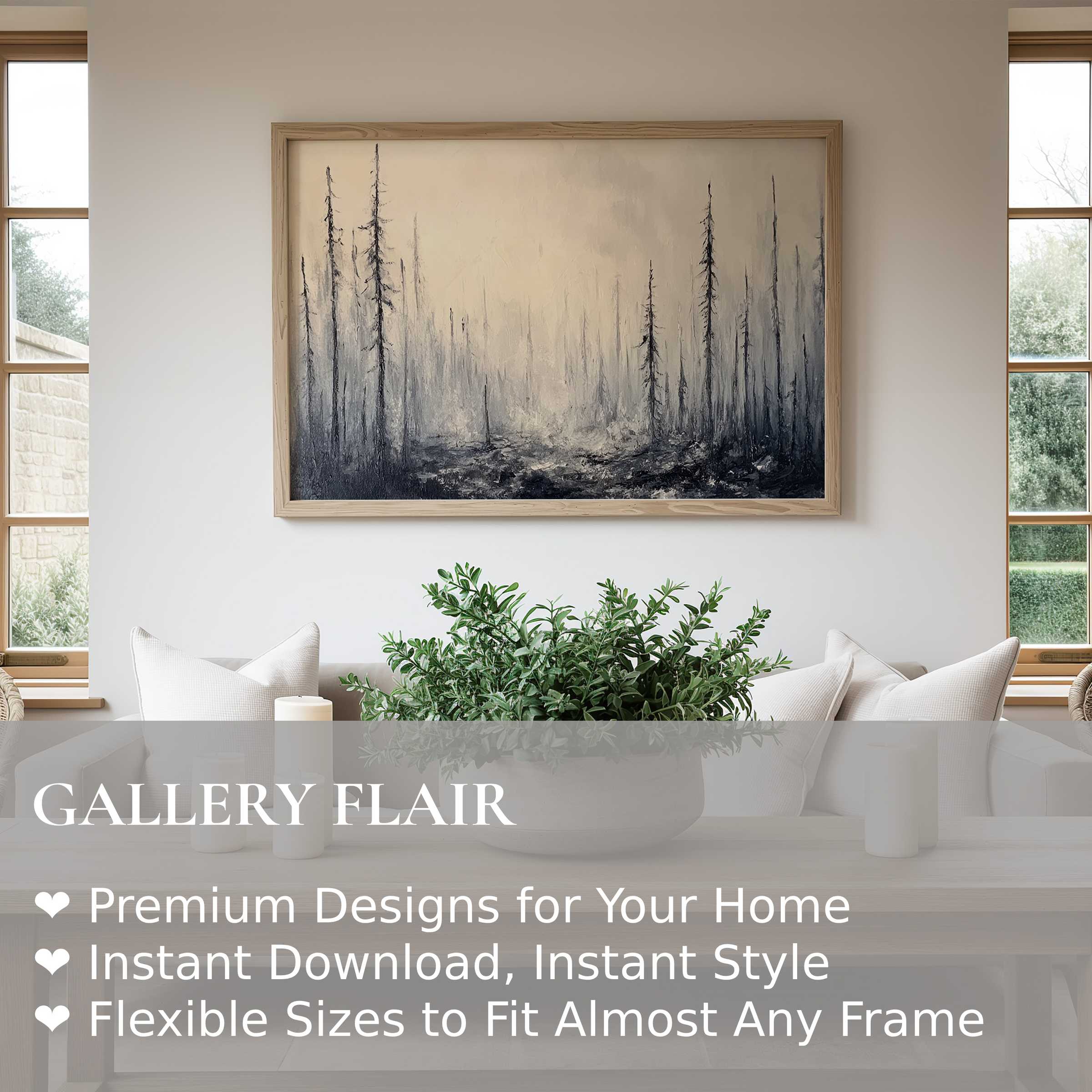 Elegant tree wall art print with moody monochrome forest scene, adding calming, contemporary charm to minimalist living spaces