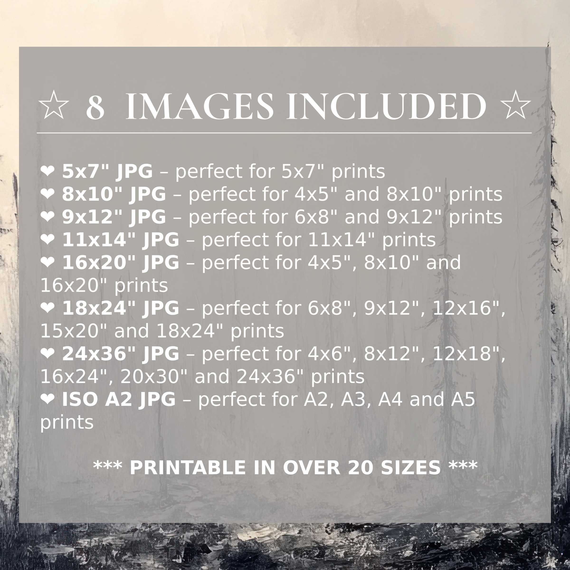 Print size guide showing 8 included JPG formats for versatile wall art printing – perfect for framing in popular sizes from 5x7 to 24x36 and A2