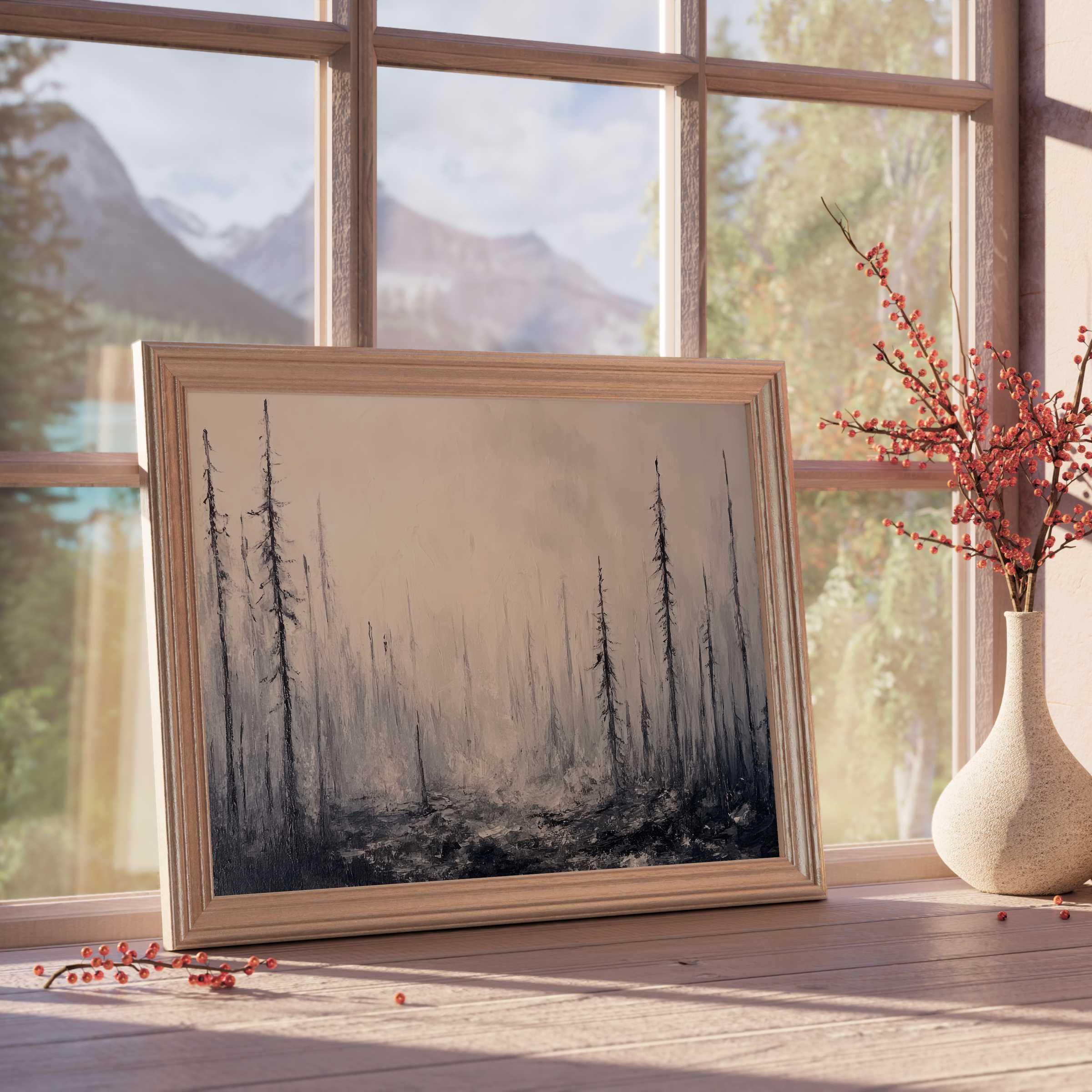 Elegant tree downloadable art in muted tones, creating a calm, misty forest vibe that enhances serene, curated interiors