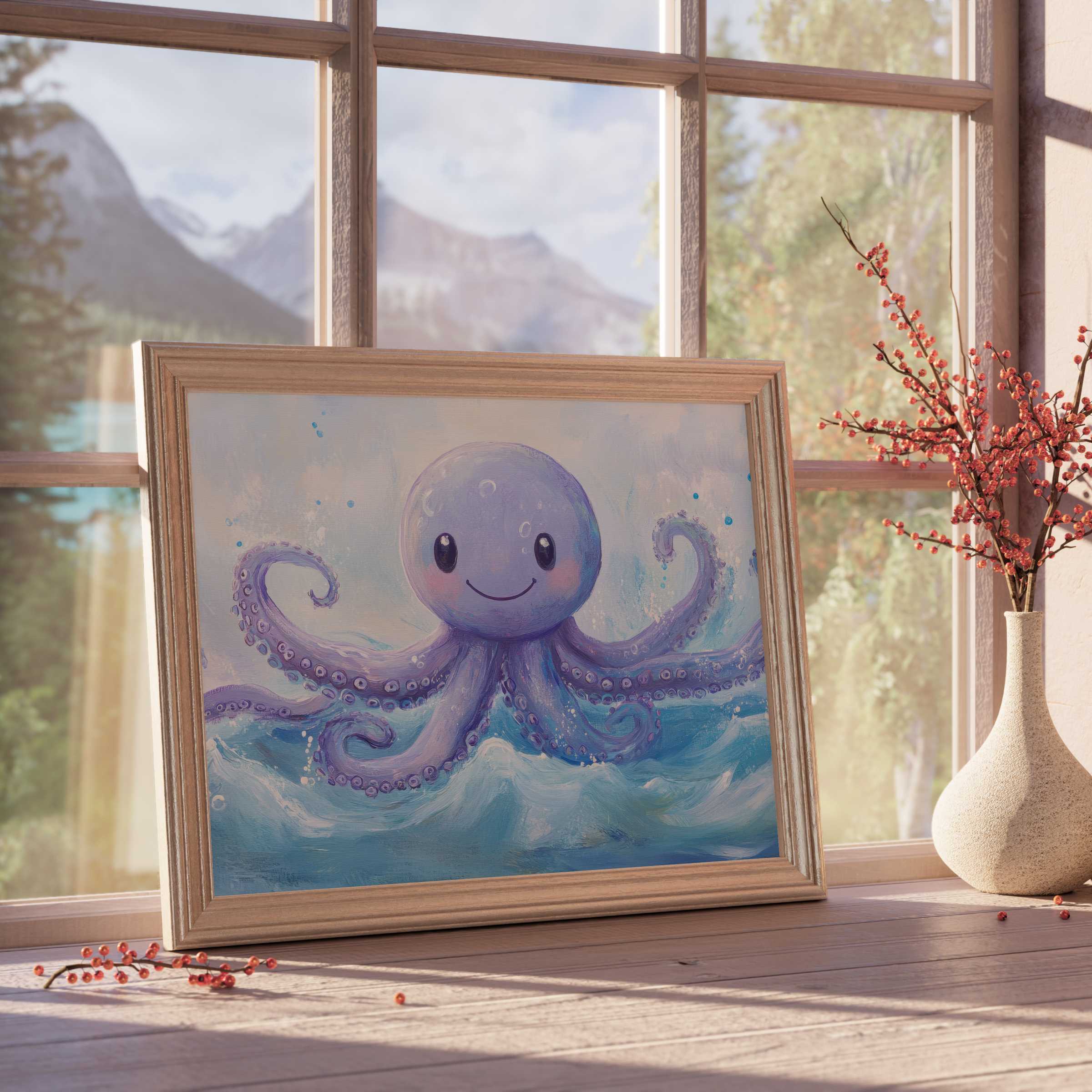 Nursery downloadable art featuring a joyful purple octopus, radiating tranquil charm and playful elegance for serene, design-forward nurseries