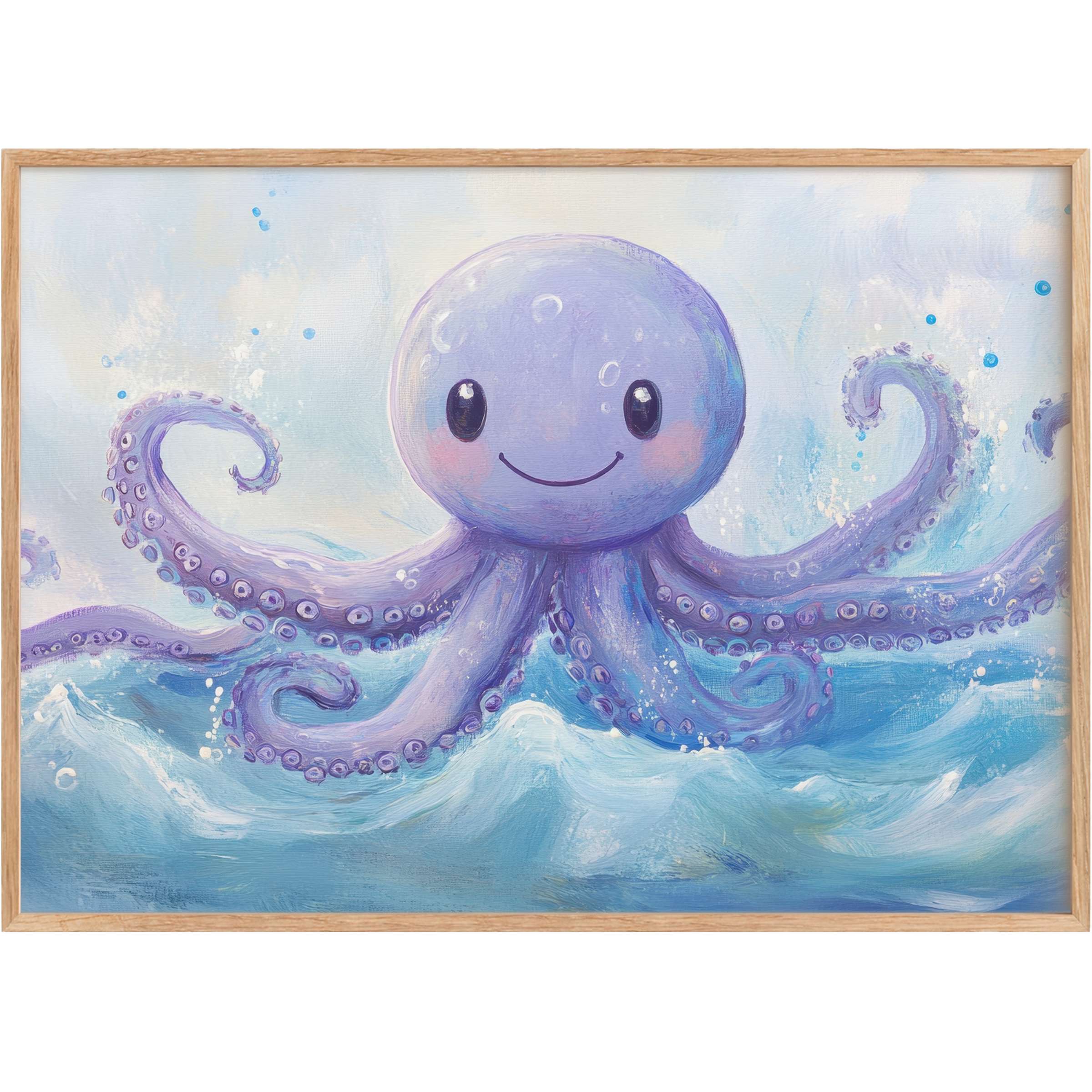 Charming nursery printable wall art featuring a joyful lavender octopus in soothing blue waves, radiating playful serenity