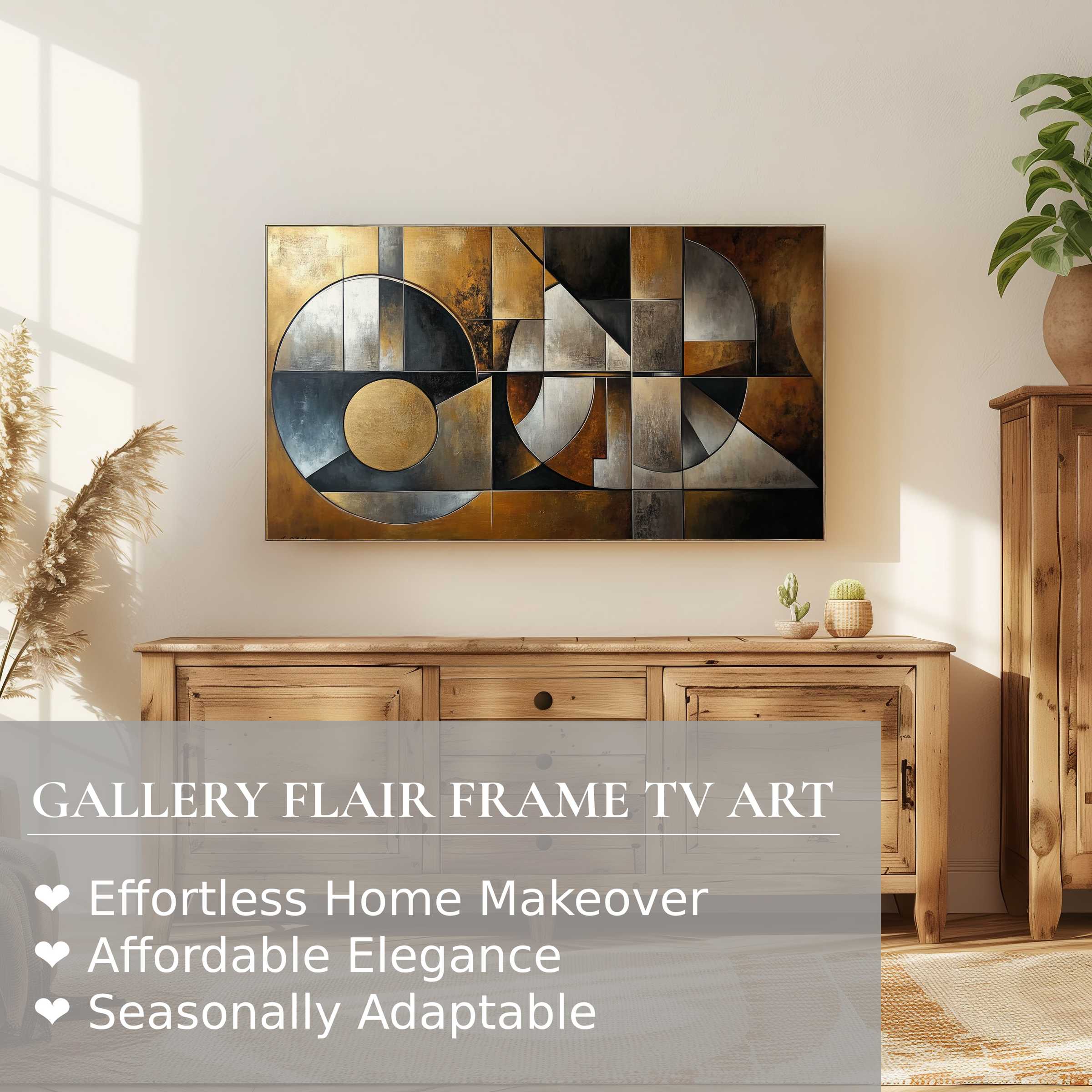 Samsung Frame TV displays modern digital artwork with geometric shapes in a warm, elegant living room setting