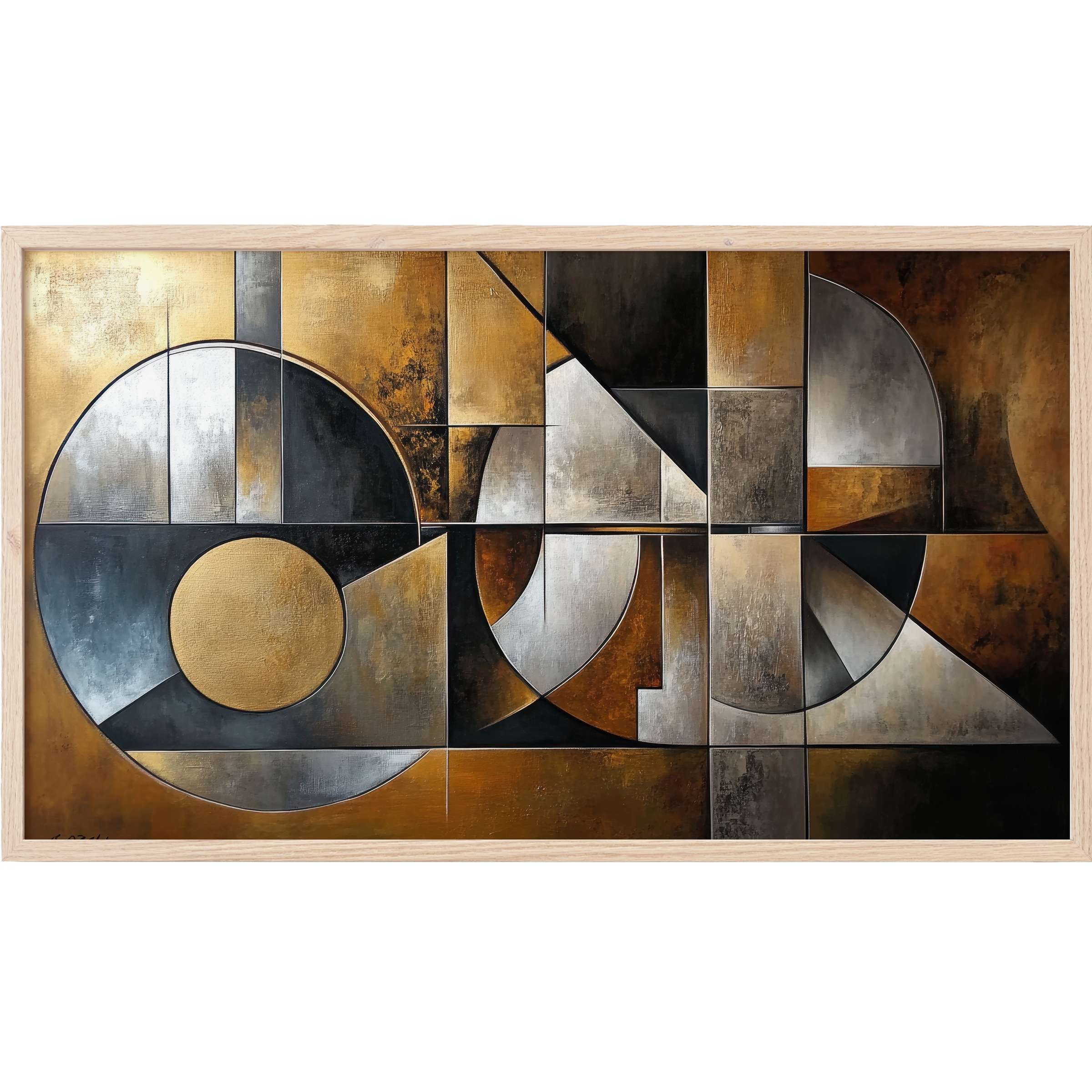 Abstract geometric forms in gold, bronze, and silver hues create a luxurious modern Frame TV Art centerpiece