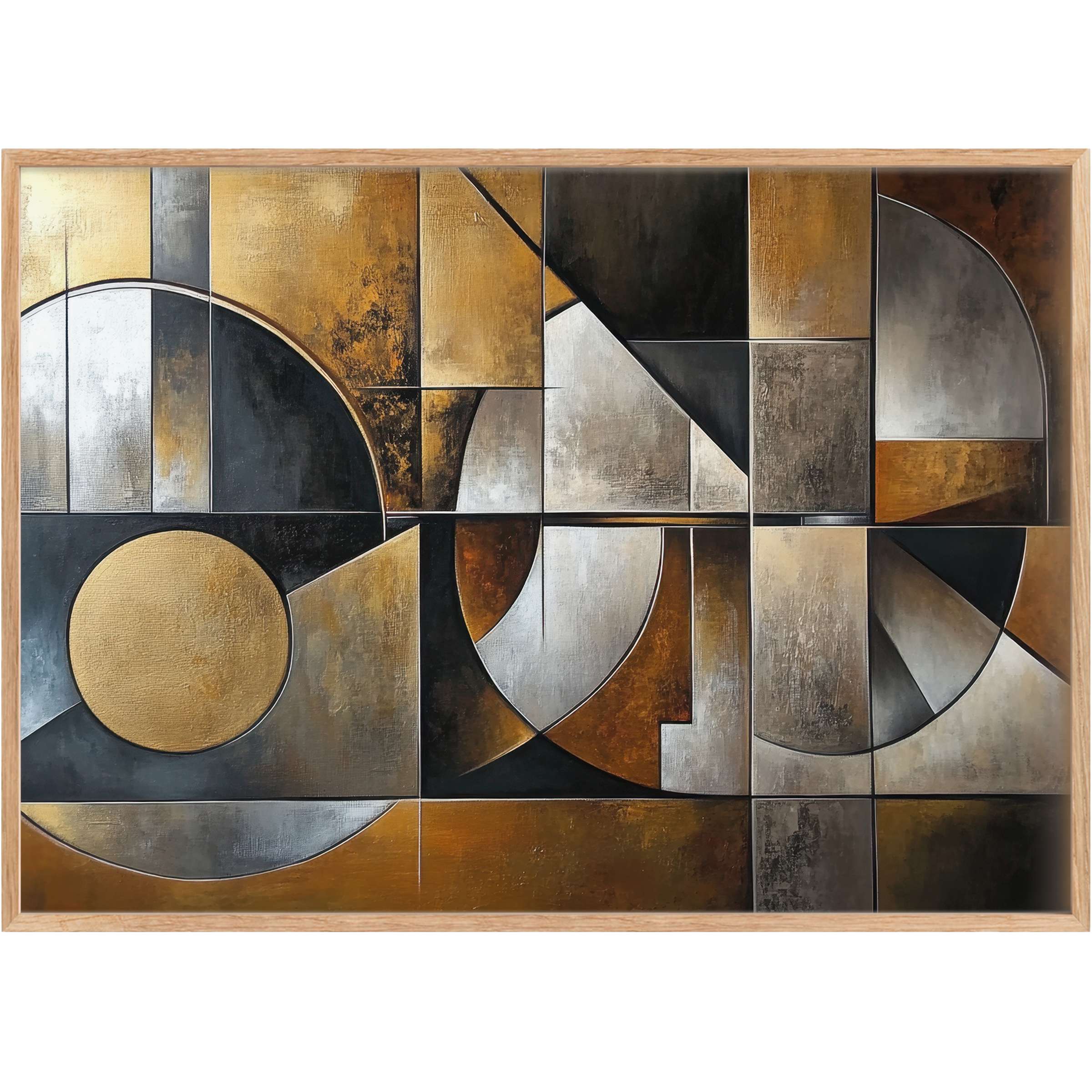 Modern printable wall art exuding a radiant, sophisticated mood with warm gold, deep black, and muted gray geometric elegance