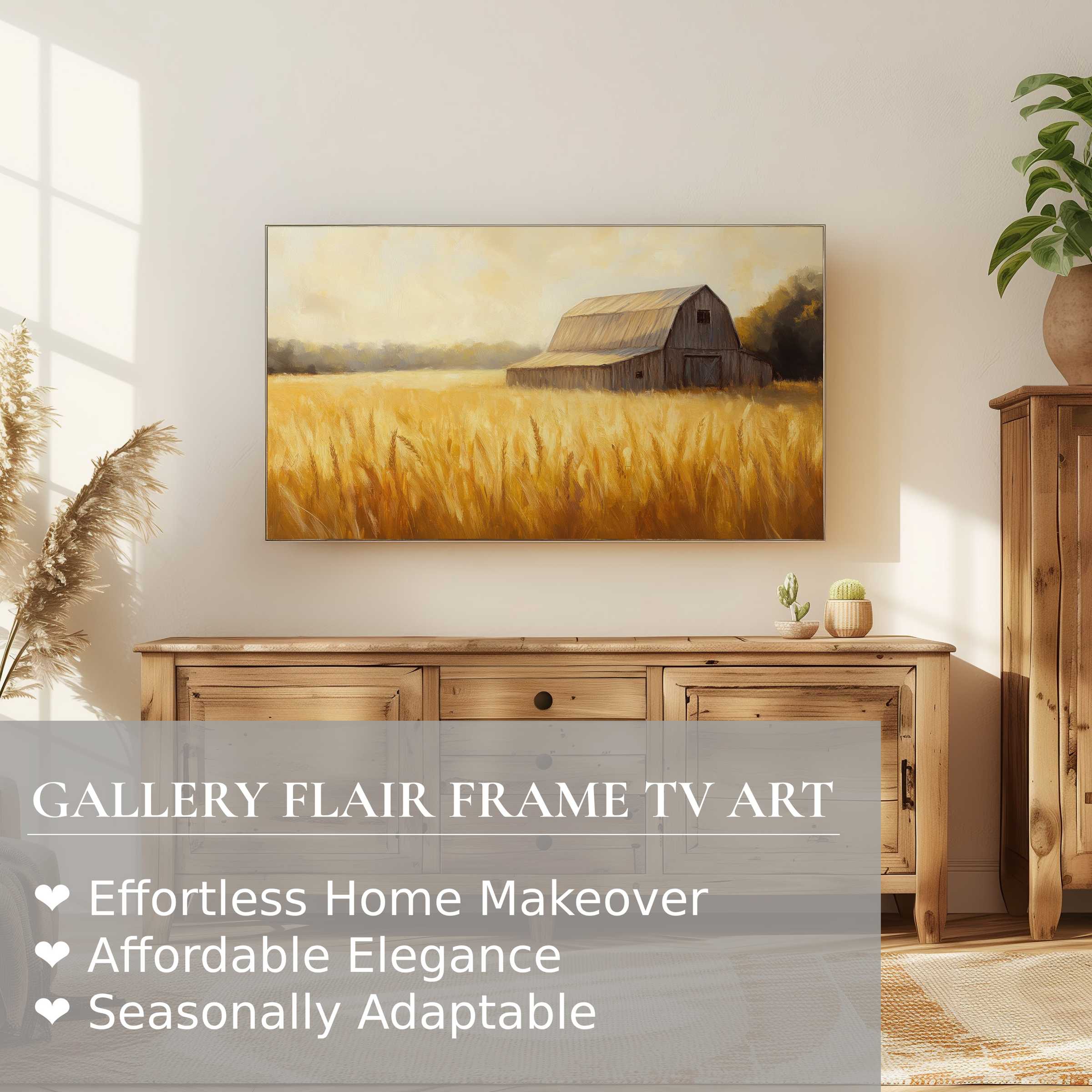 Samsung Frame TV displays warm, elegant farmhouse digital artwork in a cozy, sunlit living room setting