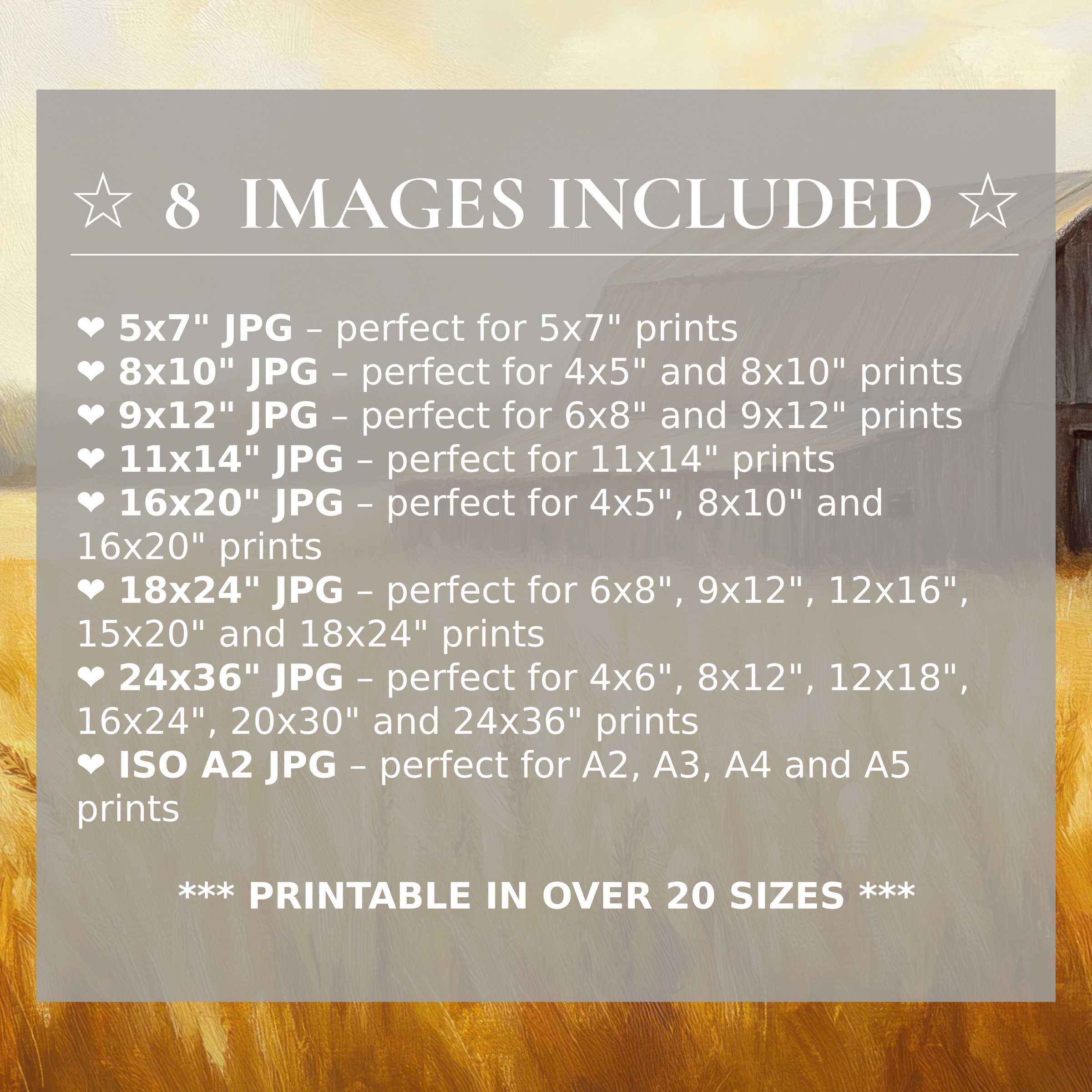 Farmhouse digital print infused with warm golds and soft neutrals, delivering radiant calm and versatile elegance in 8 high-quality sizes included