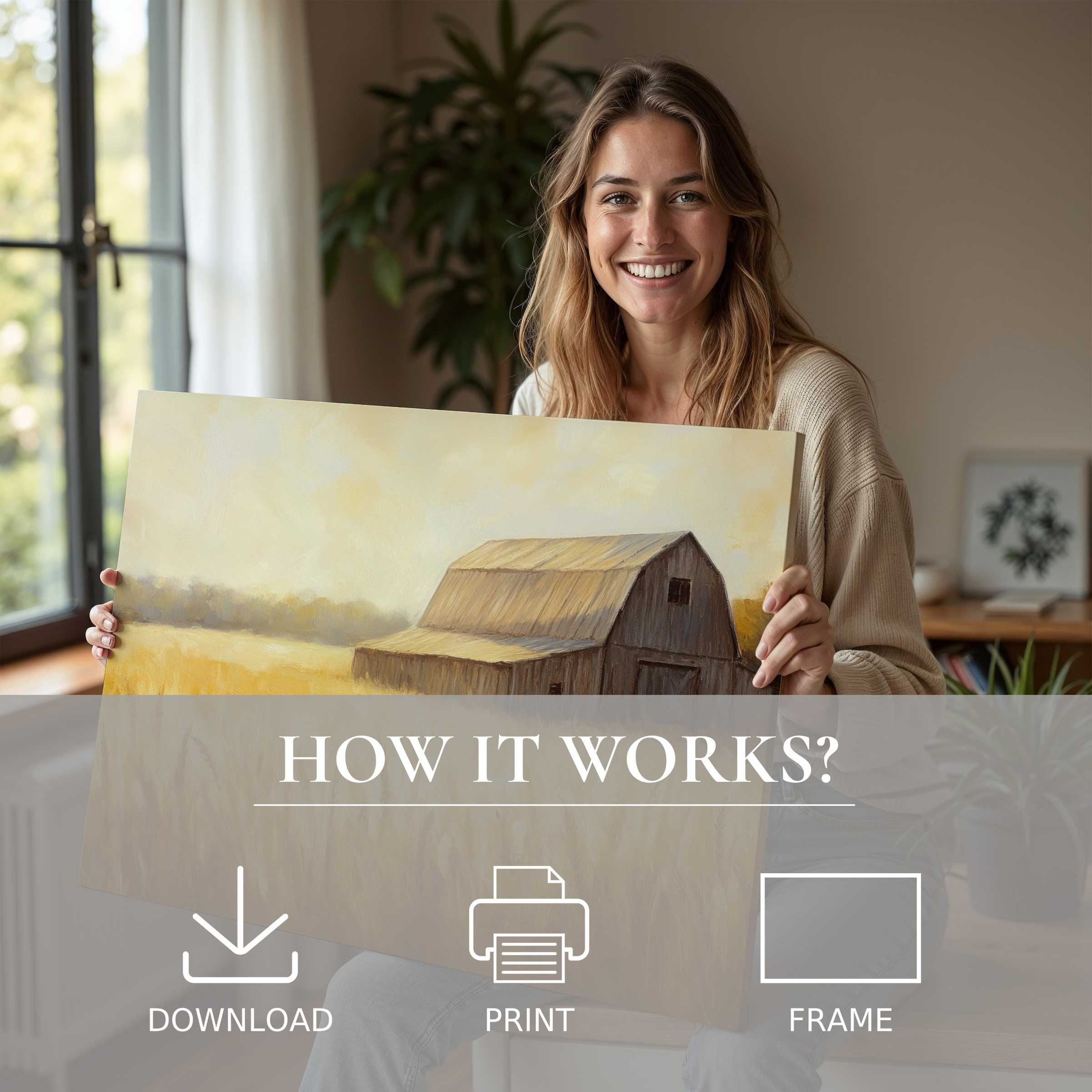 A serene moment in a modern home, where farmhouse digital art print evokes warmth and timeless joy, enriching everyday living